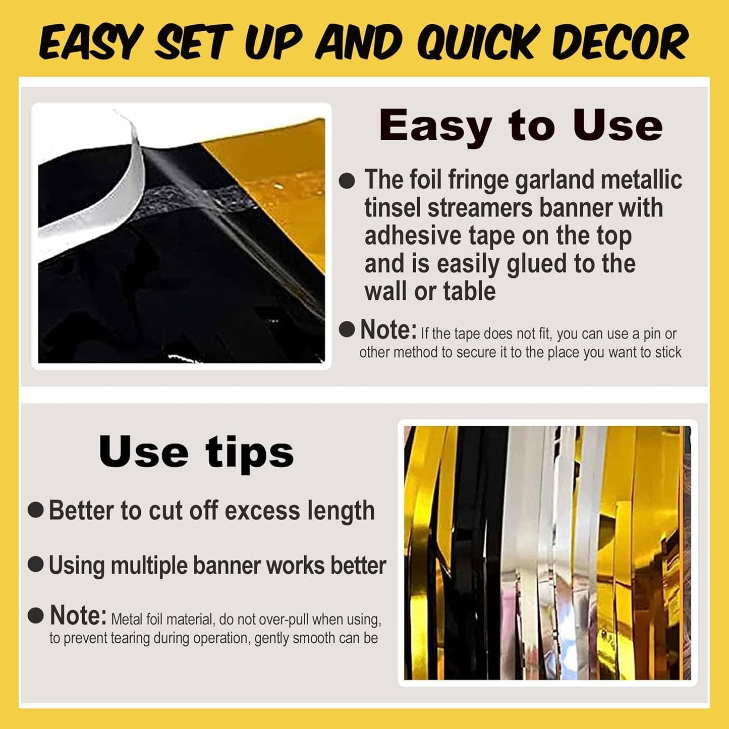 4 Pack 10 Ft Black Gold Silver Foil Fringe Garland Metallic Streamers Tinsel Banner Wall Hanging Garland Backdrop for Parade Floats, Halloween, Christmas, Thanksgiving, New Year Party Decorations