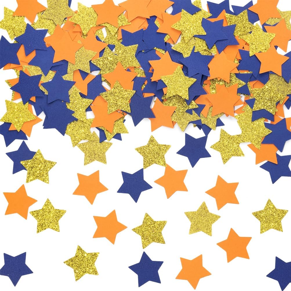 Gold Blue and Orange Star Confetti Table Decoration for Graduation Birthday Retirement Theme Party,1.2 inch in Diameter,200 Counts