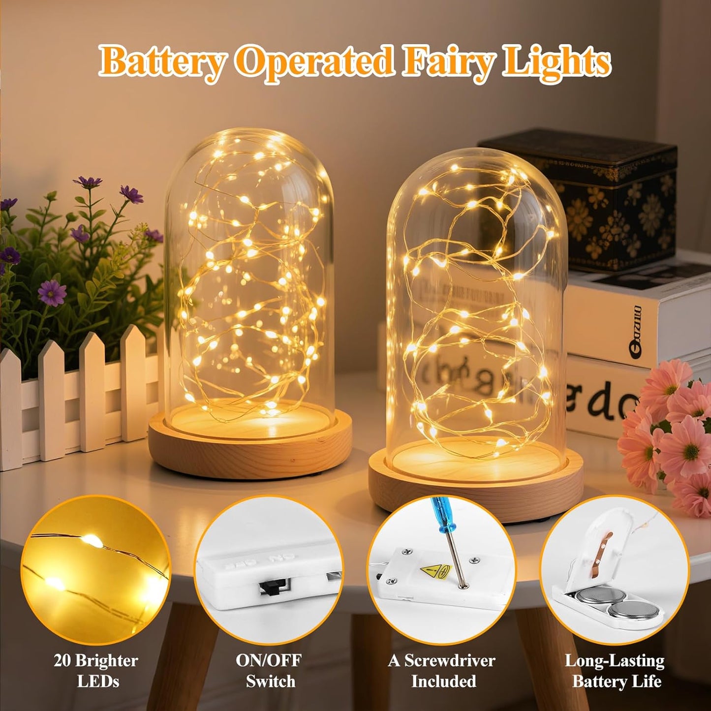 Lakumu 6 Pack Fairy Lights Battery Operated String Lights -7FT 20LED Fairy Lights Waterproof Silver Wire Firefly Starry Moon Lights for DIY Christmas Decorations Party Wedding Centerpiece Table Decor