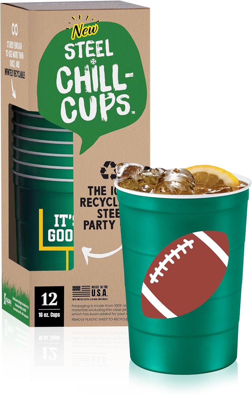 16 oz. Party Cup Football 'It's Good' Goal Post Design for Cold Drinks, Durable, Disposable, Recyclable, Made in USA, Green 12 Count