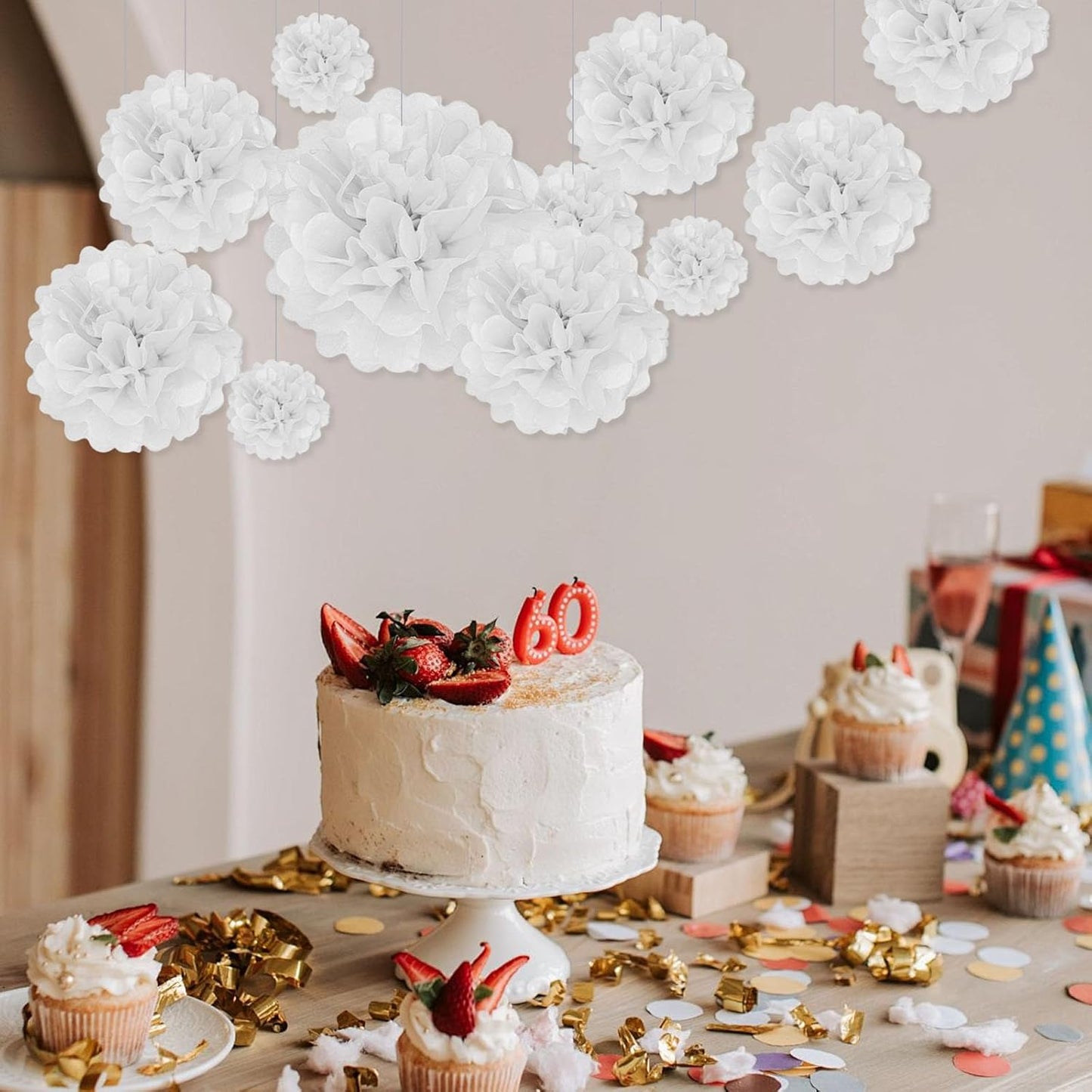 Tissue Paper Pom Poms, White Tissue Paper Flowers, Hanging Flower Balls for Weddings Fiesta Parties Birthday Baby Showers Classroom Bridal Shower Decoration (20Piece Set-6/10/12/14Inch)