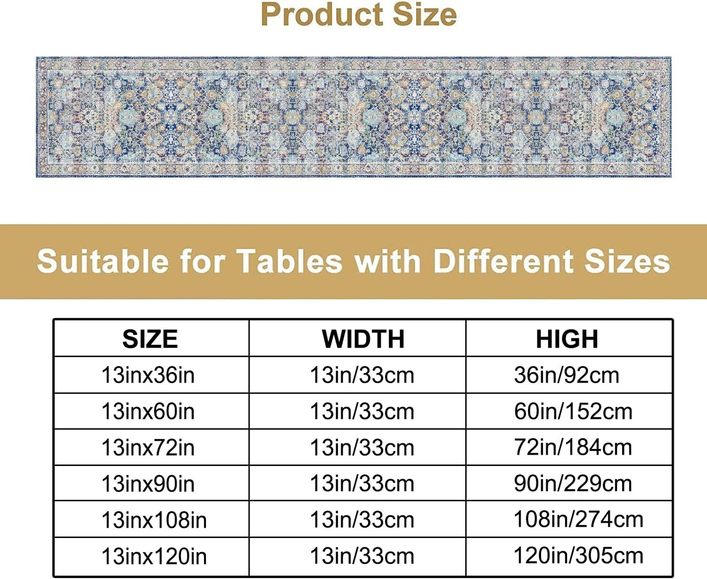 Vintage Boho Floral Table Runner, Rustic Country Farmhouse Blue Yellow Retro Flower Pattern for Home Kitchen Table Decor Dining Coffee Room Party Decor 13x90in