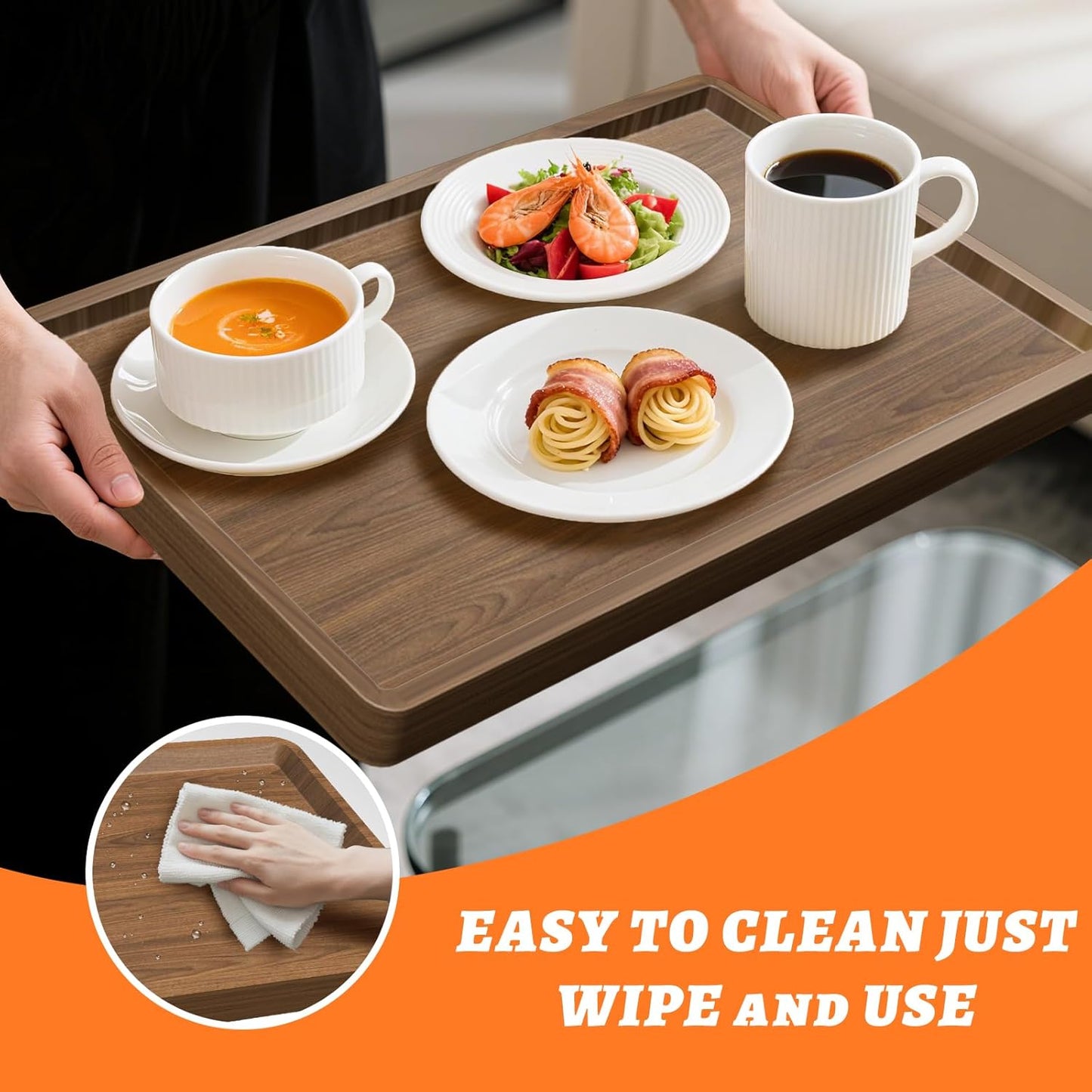 Wood Serving Tray, 16x12in Food Drinks Tray Rustic Rectangular Tray Decorative Serving Platter for Ottoman, Breakfast in Bed, Dinner, Coffee Tablecch