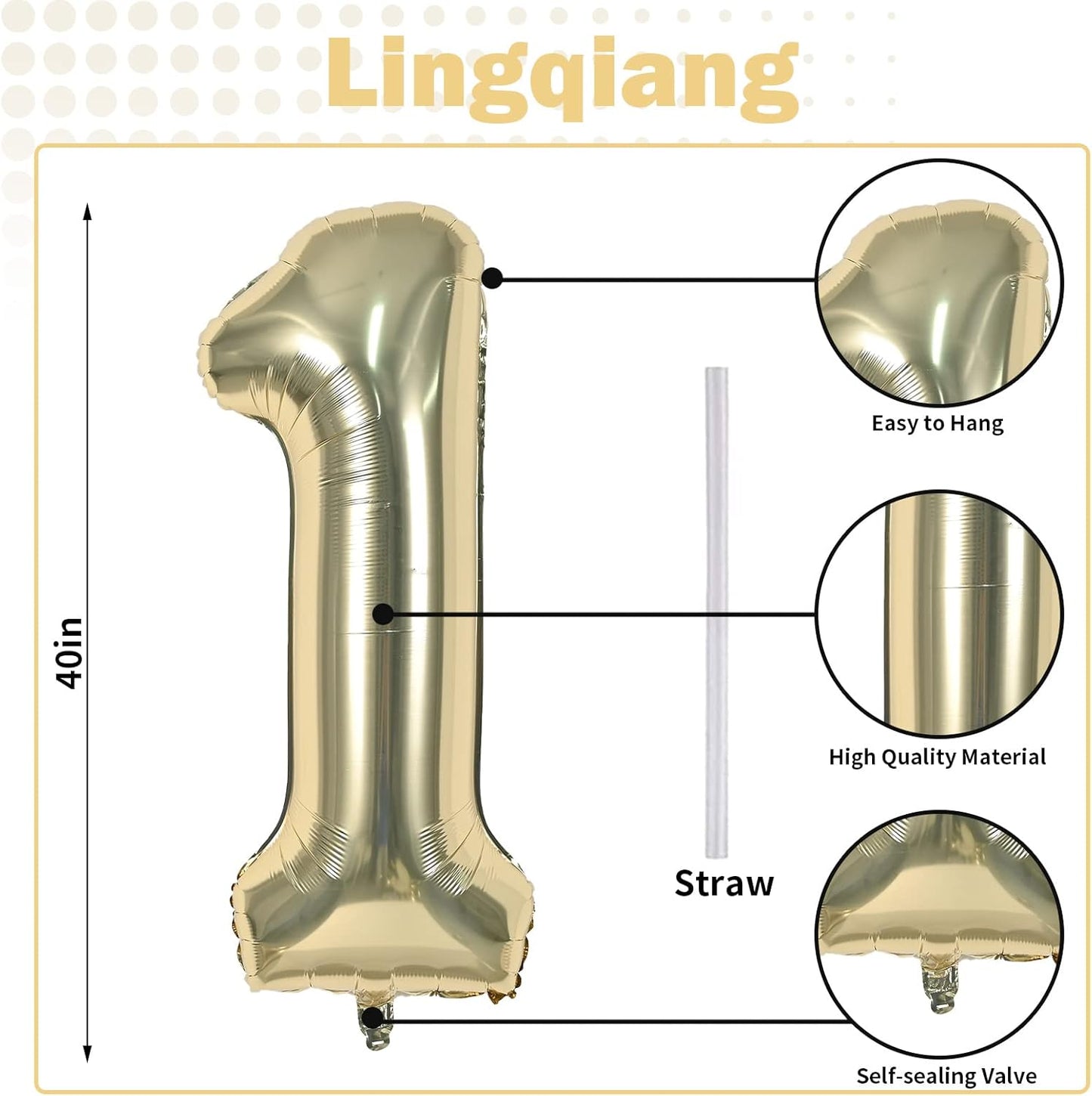 Champagne Gold Number 1 Balloons, 40 In Large Light Gold Number 1 Foil Helium Balloons for Girls Women, Self Inflating Number Balloons 0-9 for Men Boys 1st 10th Birthday Anniversary Party Decoration