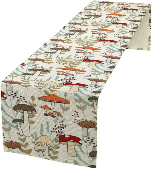Mushroom Table Runner, Vintage Nature Plant Table Runner for Farmhouse Kitchen Dining Table Decoration for Home Party Decor 13x120 Inch