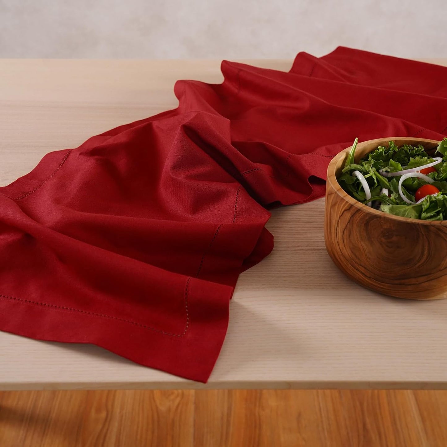 Red Table Runner 72 Inch – Cotton Linen Hemstitch Farmhouse Table Runner 14x72 – Washable Fabric for Dining, Fall, Halloween, Thanksgiving, Spring, Summer, Wedding, Everyday Décor – Serena