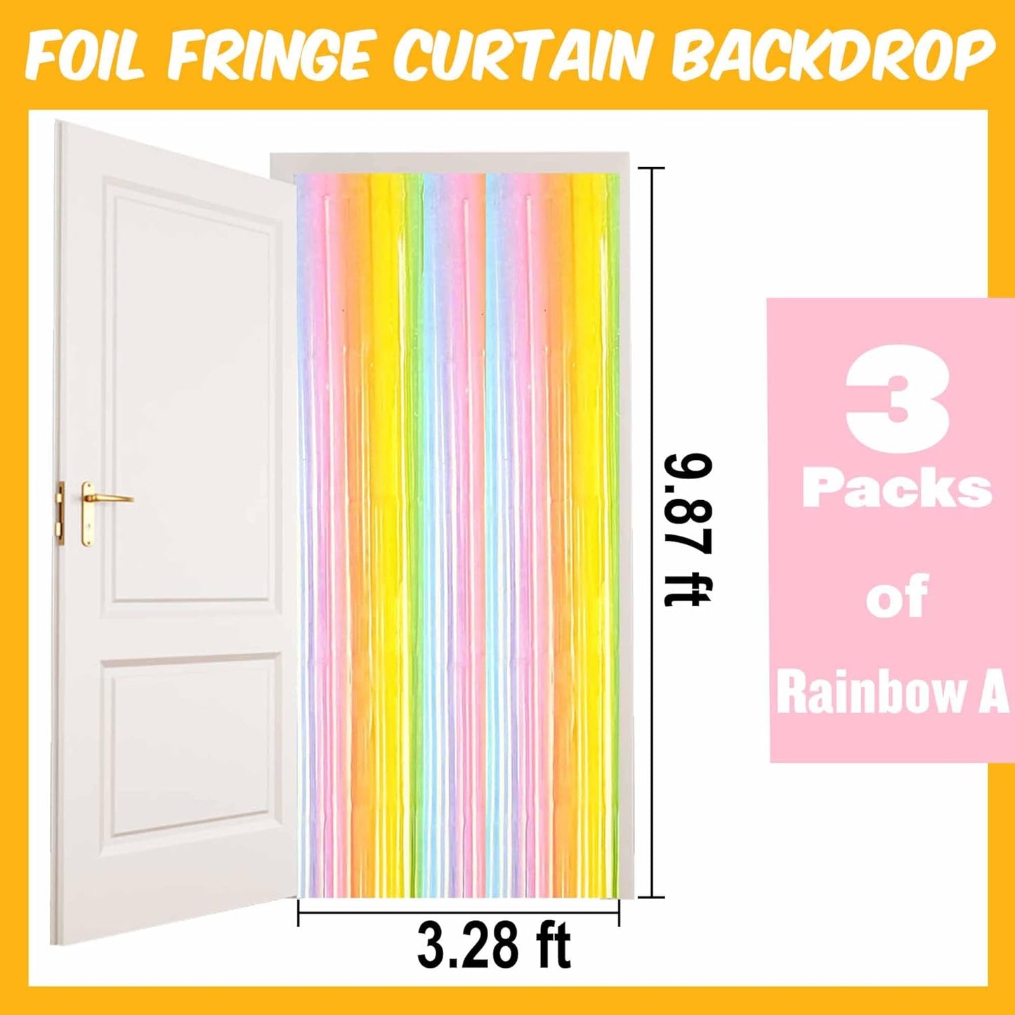 3 Pack Rainbow A Foil Fringe Curtains Backdrop, 3.28 x 9.8 Ft Metallic Streamers Tinsel Curtains Background for Photo Booth, Birthday, Halloween, Christmas, Thanksgiving, New Year Party Decorations