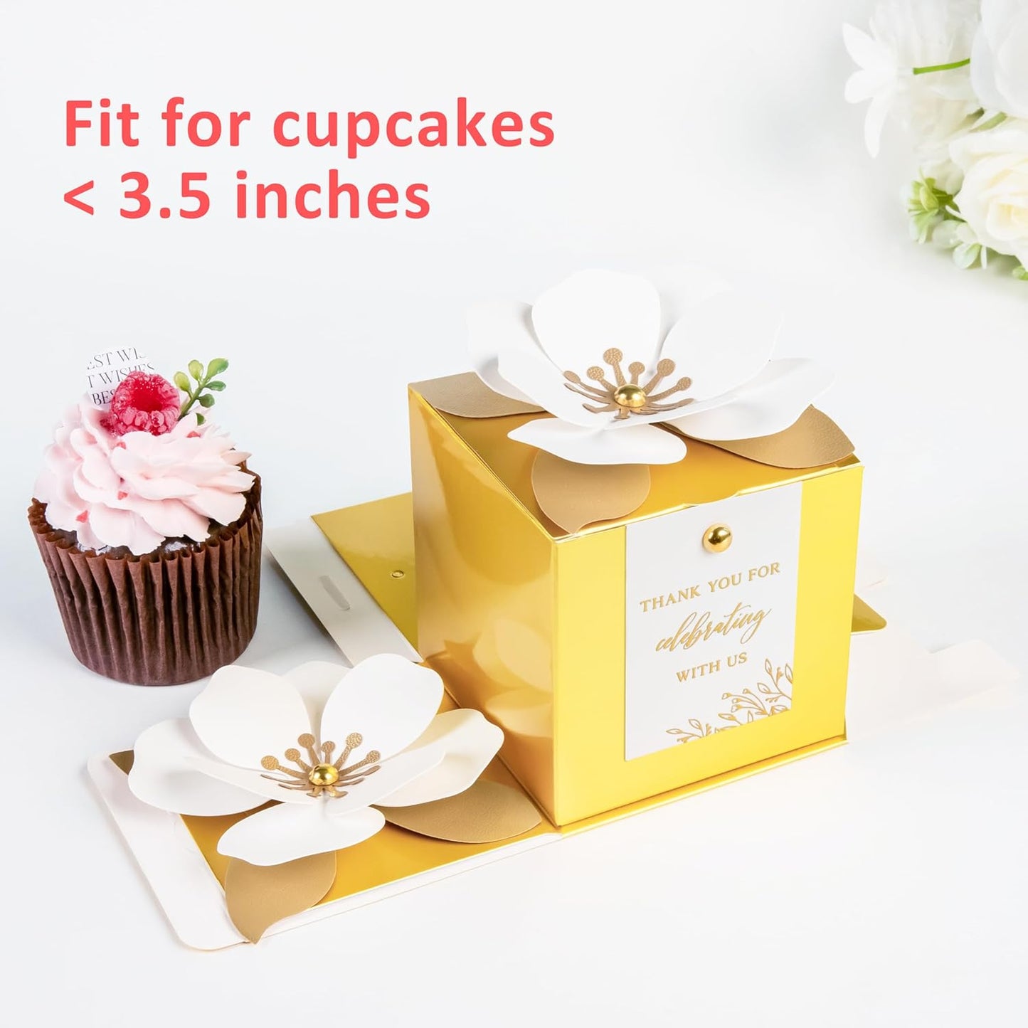 FEIYI 20 PCS Gold Gift Boxes, 3 In 1 Favor Boxes with Floral Decor, White Thank You Tags Cupcake Containers Gift wrapping for Wedding, Baby Shower, Birthday, Decorations Party - 3.55x3.55x3.55