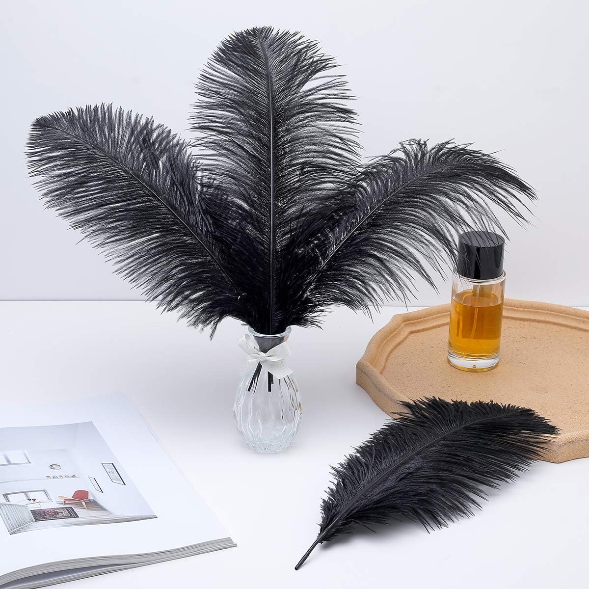 Ballinger Black Ostrich Feathers Bulk - 24Pcs 8-10inch Feathers for Crafts,Gatsby and Halloween Party Centerpieces