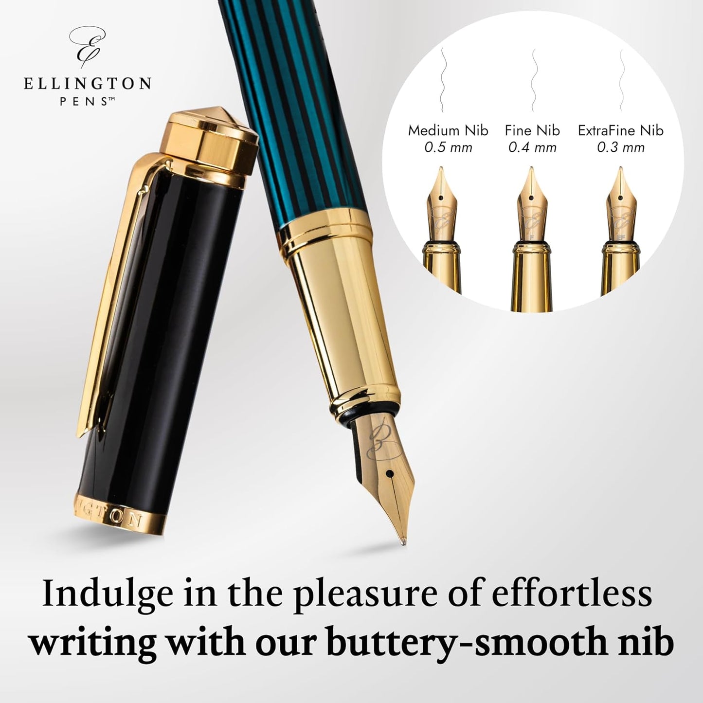 Ellington Pens Luxury Fountain Pen Set- Fountain Pens for Writing - Smooth Fine Nib - Includes Refillable Ink Converter, 3 Ink Cartridges [Black & Blue], Gift Box - Elegant Calligraphy