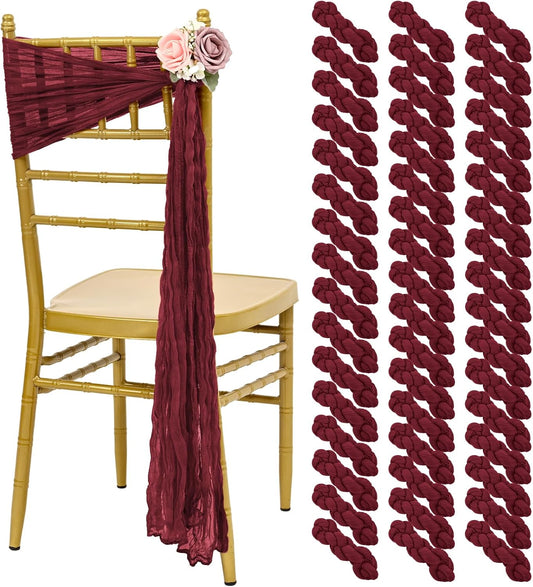 50 PCS Cheesecloth Chair Sashes, Bows Designed ChairSashes, 15.7x108 inch Chair Sashes for Aisle Decorations Universal Chairs Cover Decoration for Wedding Reception Party Banquet (Burgundy)