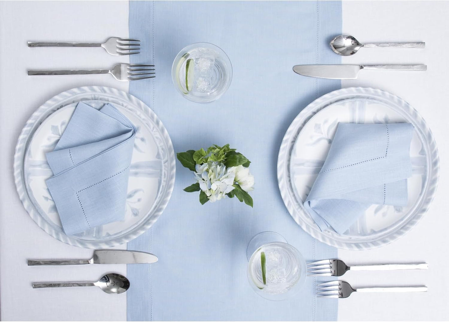 Solino Home Linen Sky Blue Table Runner 156 Inches Long - 100% Pure Linen Extra Long Table Runner 14 x 156 Inch - Classic Hemstitch