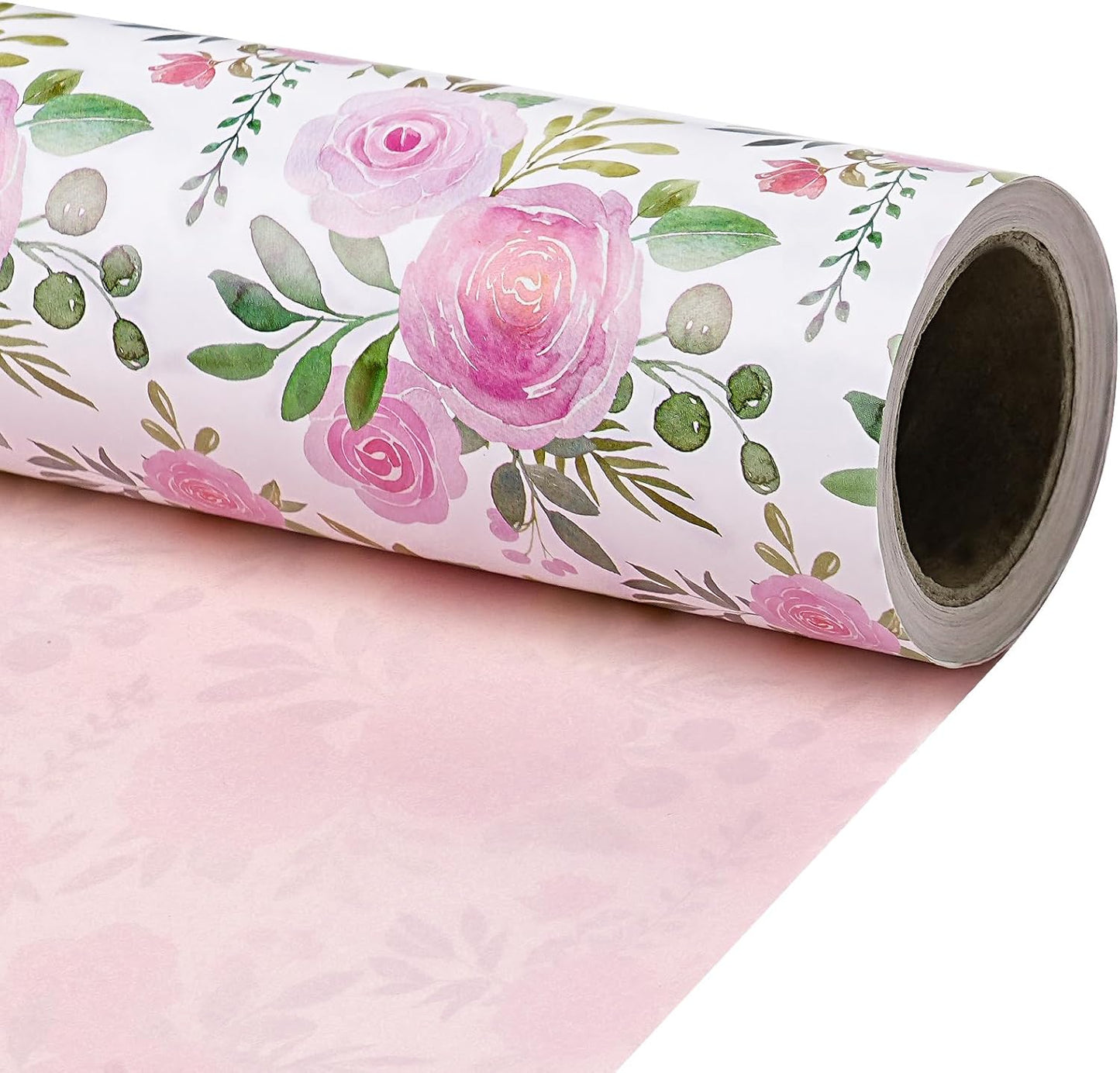 RUSPEPA Reversible Floral Wrapping Paper Roll, Mini Roll, Pink Rose Blossom Design and Pink Solid Color, Elegant Gift Wrap for Birthday, Wedding, Mother's Day, Bridal Shower, 17 Inches x 16.4 Feet