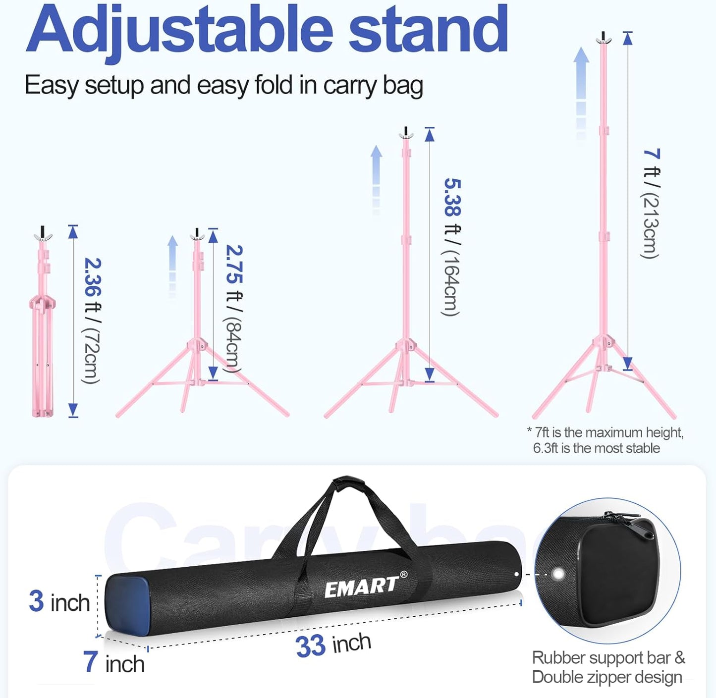EMART Backdrop Stand 10x7ft(WxH) Photo Studio Adjustable Background Stand Support kit with 2 Crossbars, 8 Clamps, 2 Sandbags and Carry Bag for Parties, Events Decoration, Wedding, Photography -Pink