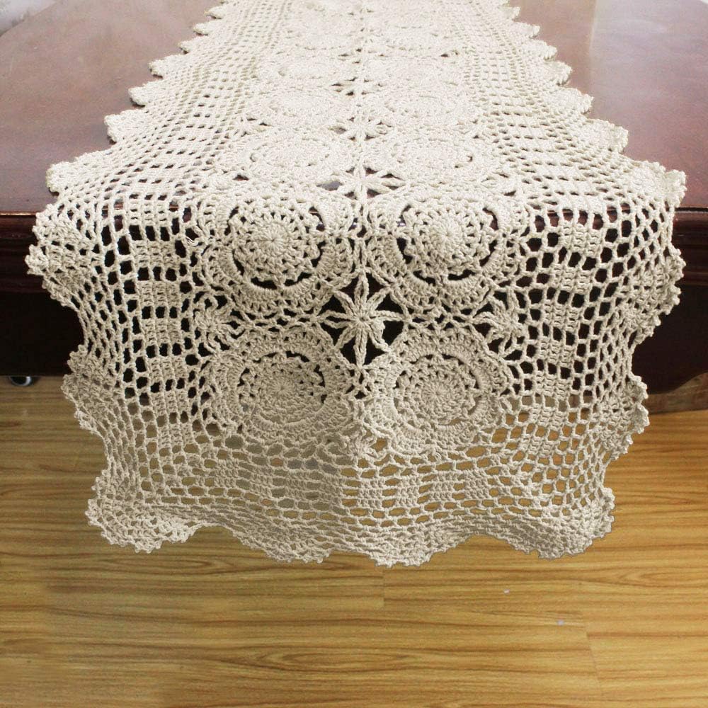 KEPSWET Cotton Handmade Crochet Lace Table Runner Beige Rectangle Coffee Table Dresser Decor (14x48 inch)
