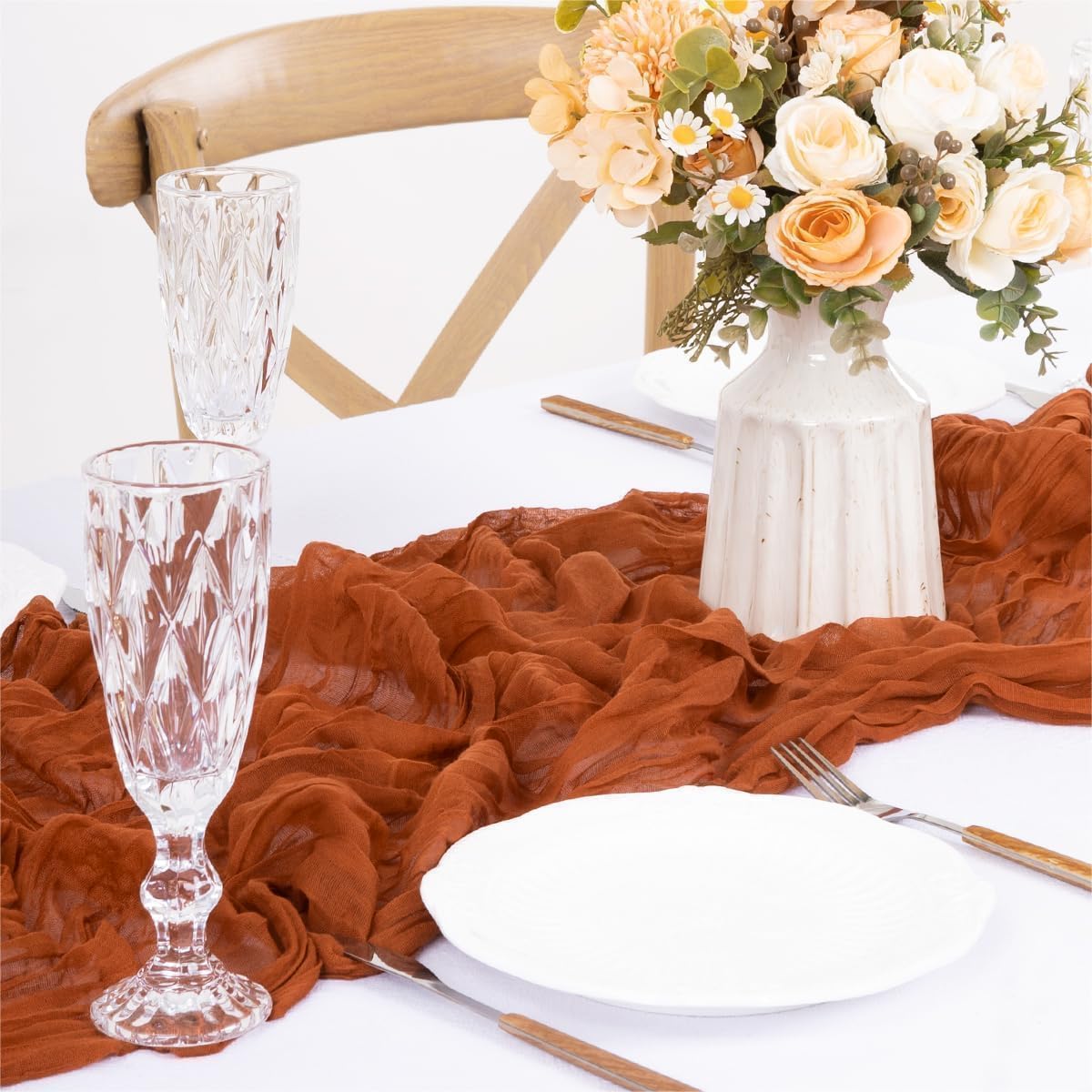 MLMW 10 Pack Fall Thanksgiving Table Runner Cheesecloth Autumn Harvest Rust Terracotta Cheese Cloth Boho Gauze 160 inch Table Runner 13.3ft for Wedding Party Baby Bridal Shower Birthday