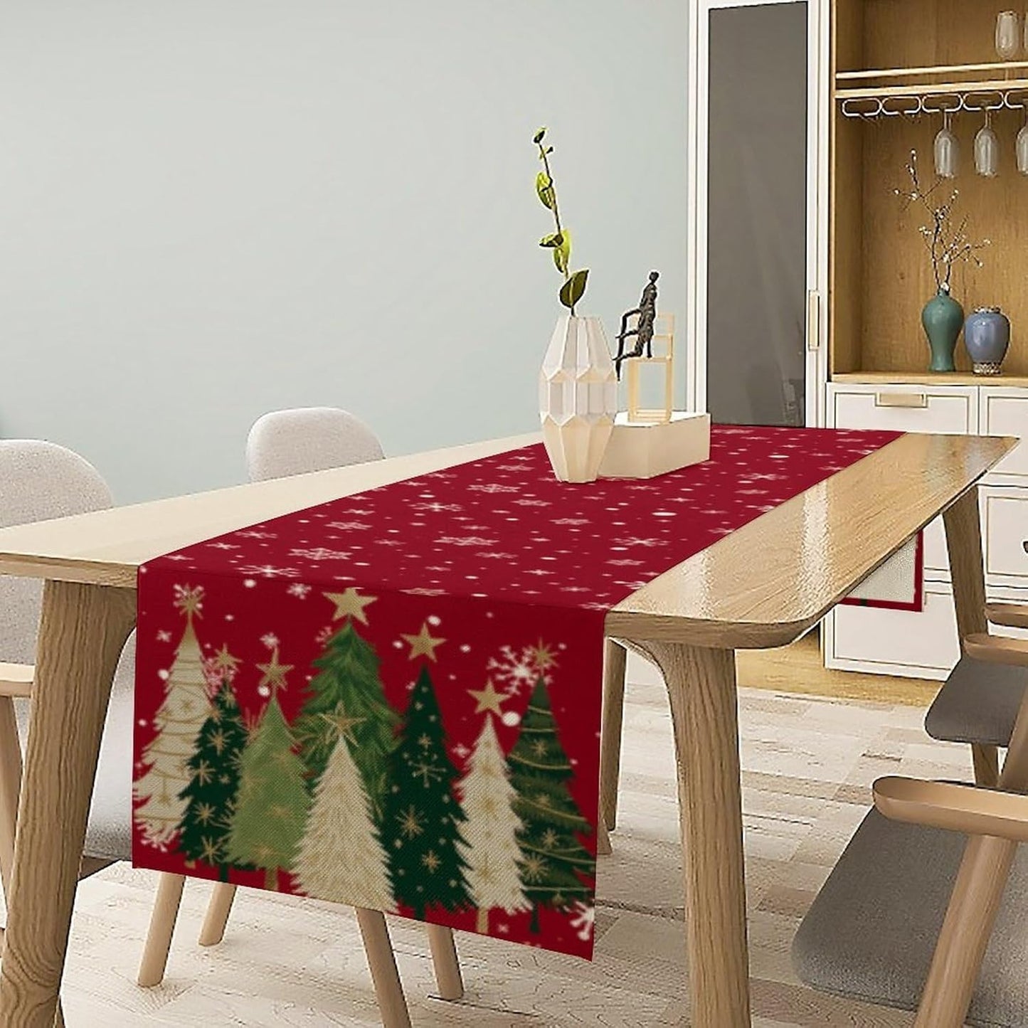 Merry Christmas Table Runner,Red Christmas Tree Snowflake Winter Seasonal Table Cloth Kitchen Dining Table Decoration for Home Party Decor 13x120 Inch