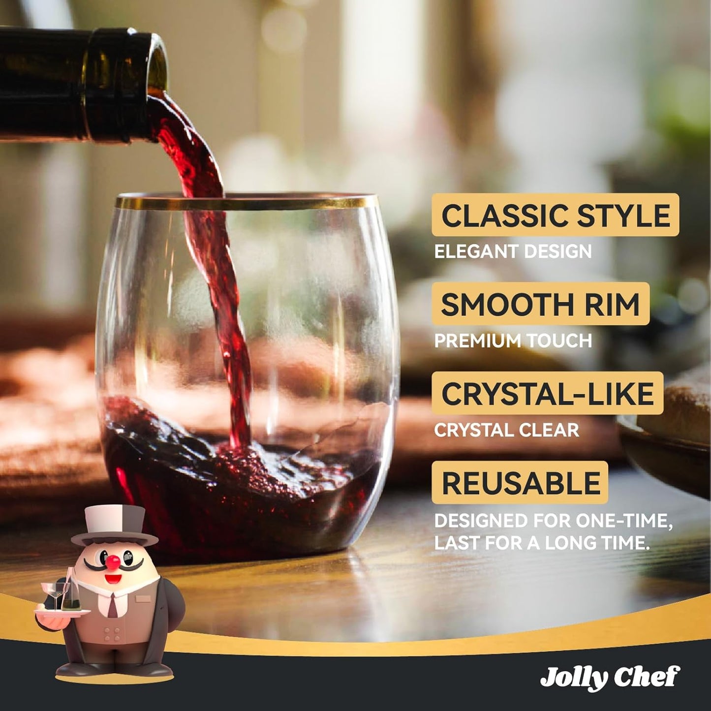 JOLLY CHEF 32 Pack 12oz Gold Plastic Wine Glasses Stemless, Disposable Wine Cupsty, Disposable Plastic Wine Cups for Party, Halloween, Christmas