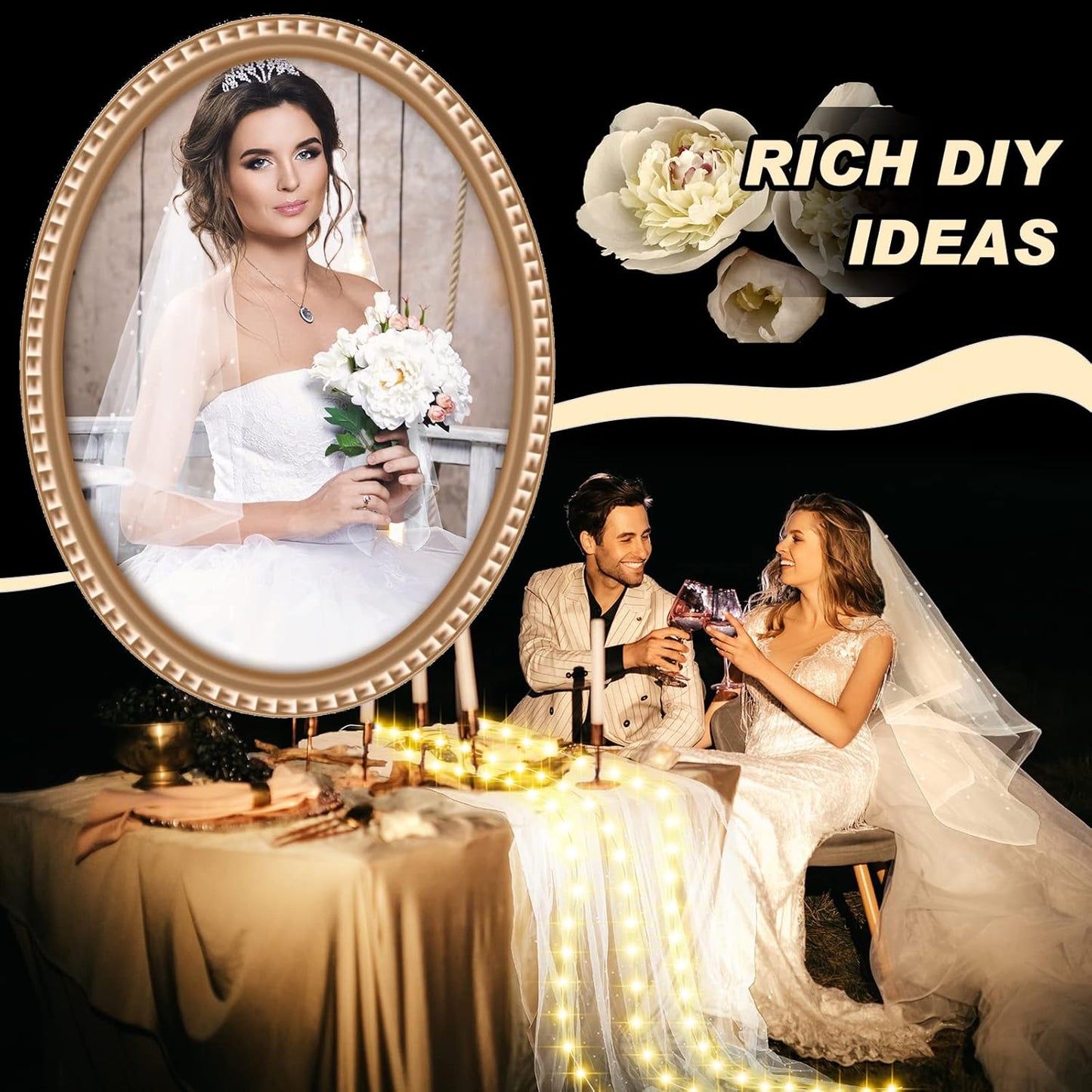 10 ft 4 x 120 Inch White Wedding Tulle Table Skirt with LED Lights White Pearl Chiffon Birthday Table Runner Tulle Sweetheart Decor Pearl Arch Decorations Outside Baby Shower Ceremony (Plug in Type)