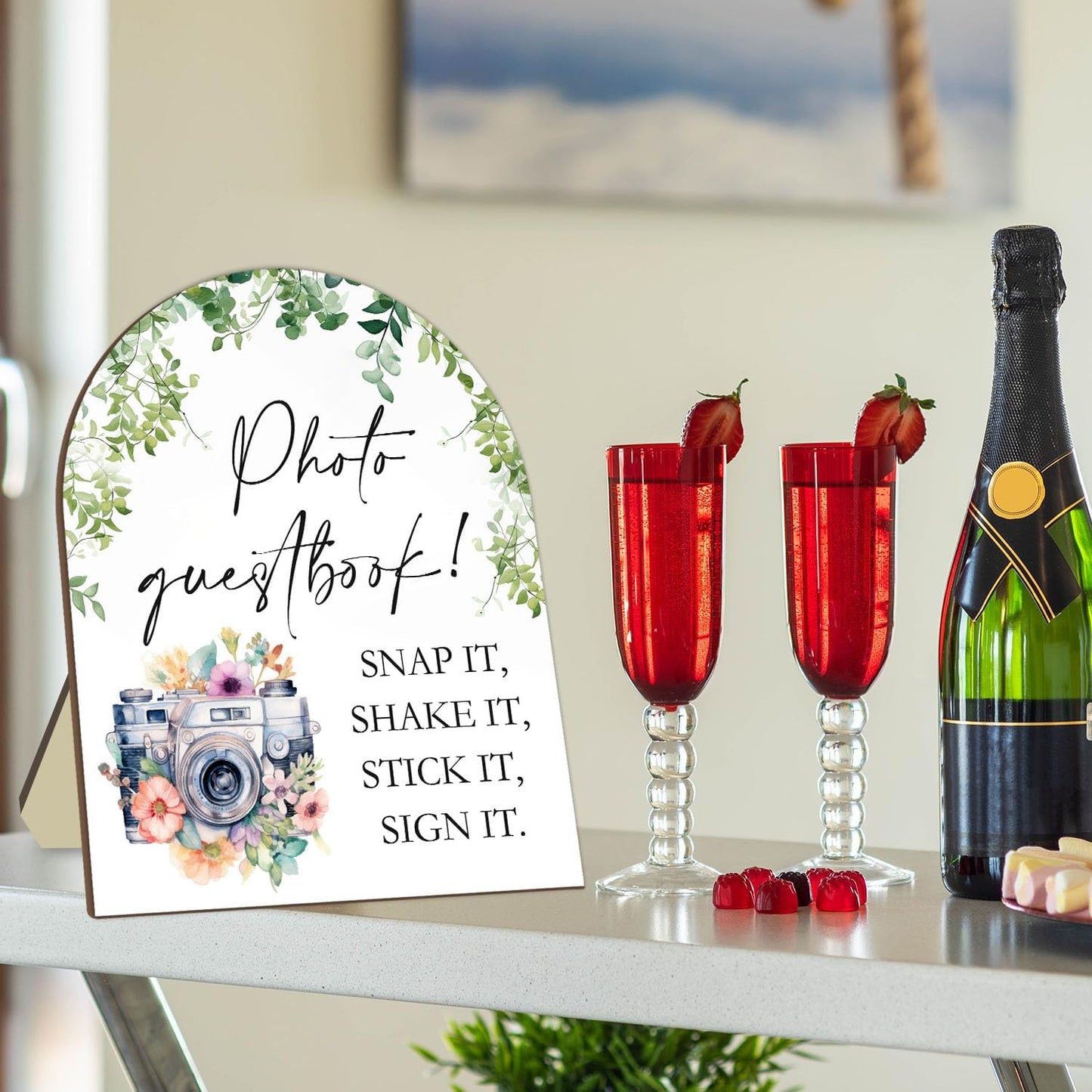 Wedding Photo Theme Desk Decor, Eucalyptus Leaf Decor Party Welcome Sign, Bridal Shower Photo Guestbook Sign, Baby Shower Supplies, Wedding Reception Decor with Stand 8 * 10In