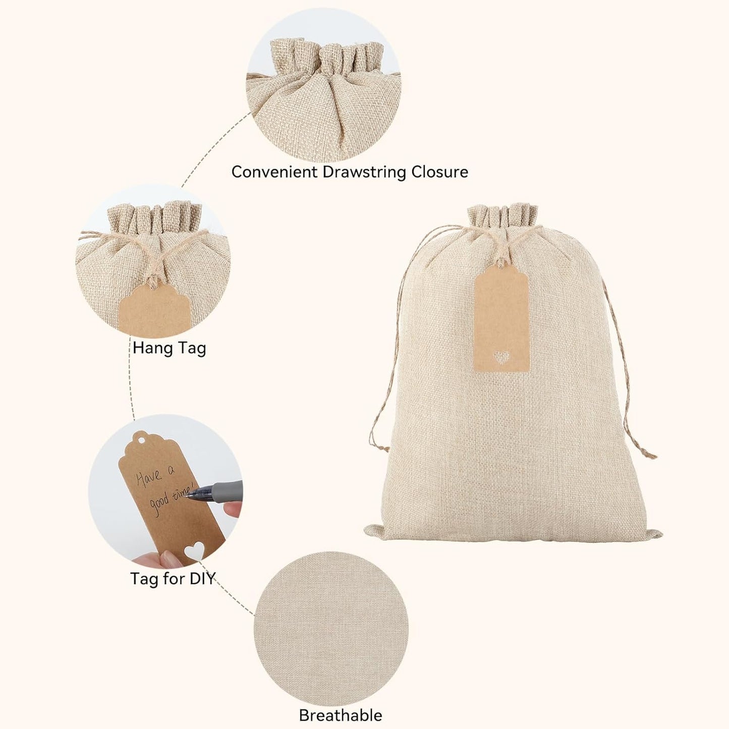 Tapleap Burlap Gift Bags with Drawstring - 10Pcs 10x14 Original Sacks with String and Tags for Wrapping Halloween Favors, Clothes, Toiletries, Breads, For Birthday, Wedding or Household Use