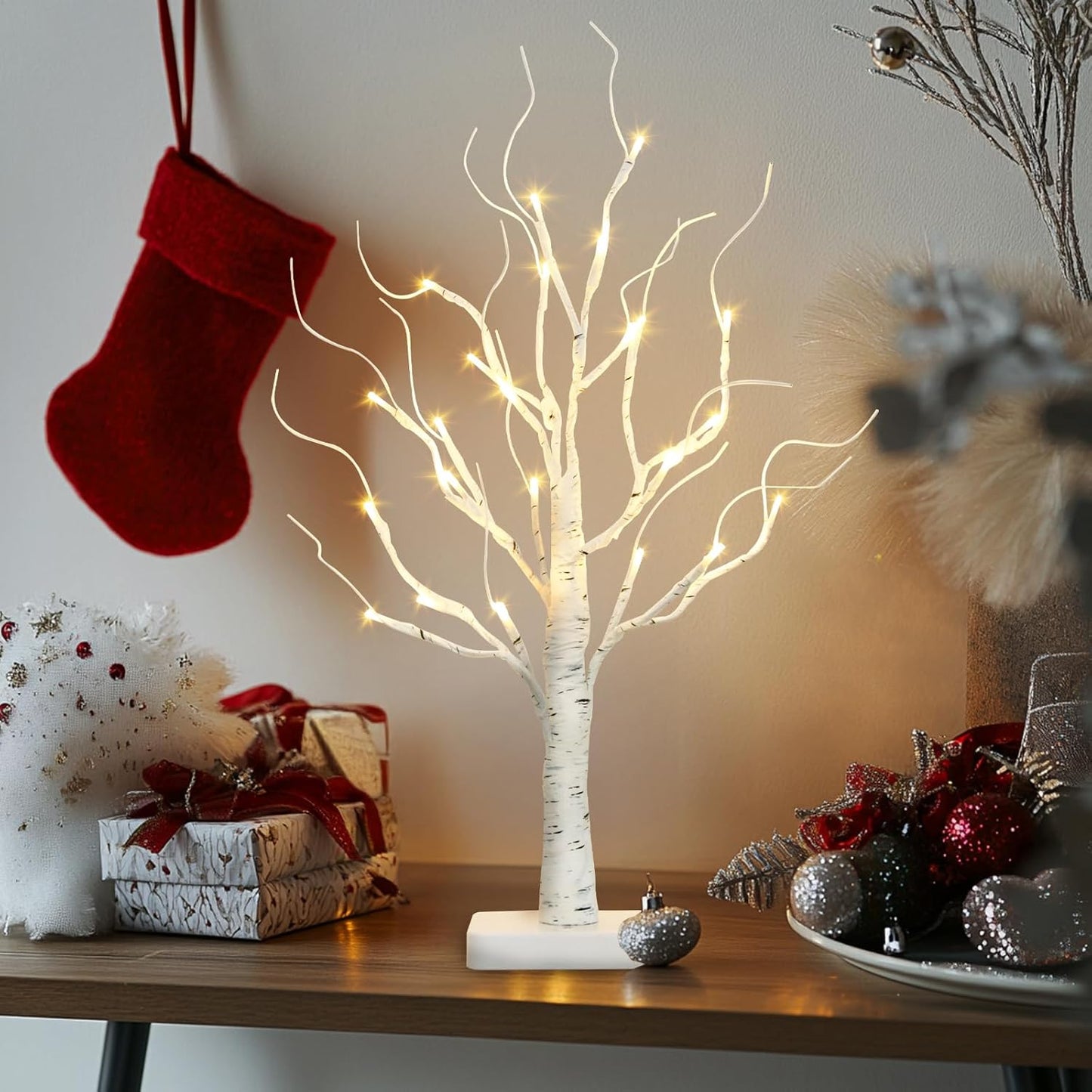 Vanthylit Lighted Birch Tree Battery Powered Tabletop Tree Decorations for Home Mantle Party Christmas Decorations (22 Inch)