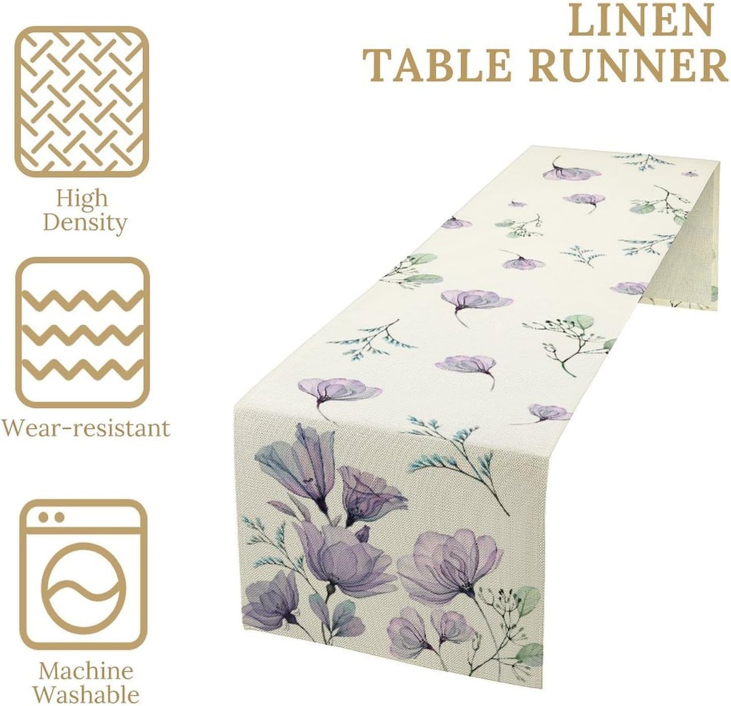 Poppy Flower Table Runner, Watercolor Purple Floral Leaves Seasonal Spring Summer Table Runner for Kitchen Dinning Table Runner Decor Home Wedding Party Holiday, 13x60 Inch
