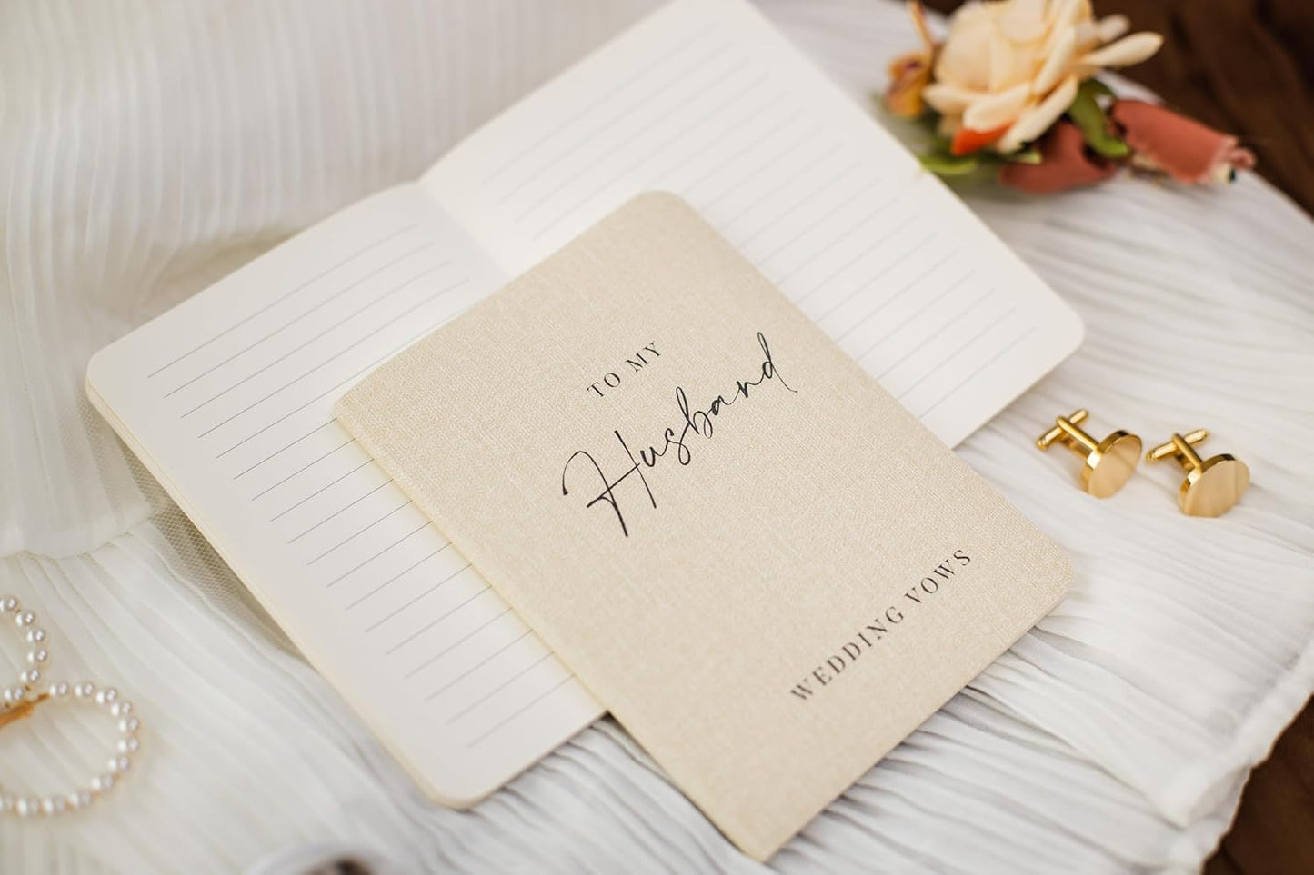 Slim Vow Books (Set of 2 - Design 2) - Soft Cream Canvas Linen Textured Cover Wedding Vow Booklets, Ceremony Speech Promise Notebook Journal, Gift for Newly Engaged Couple, 48 Lined Pages, 5.75" x 4"