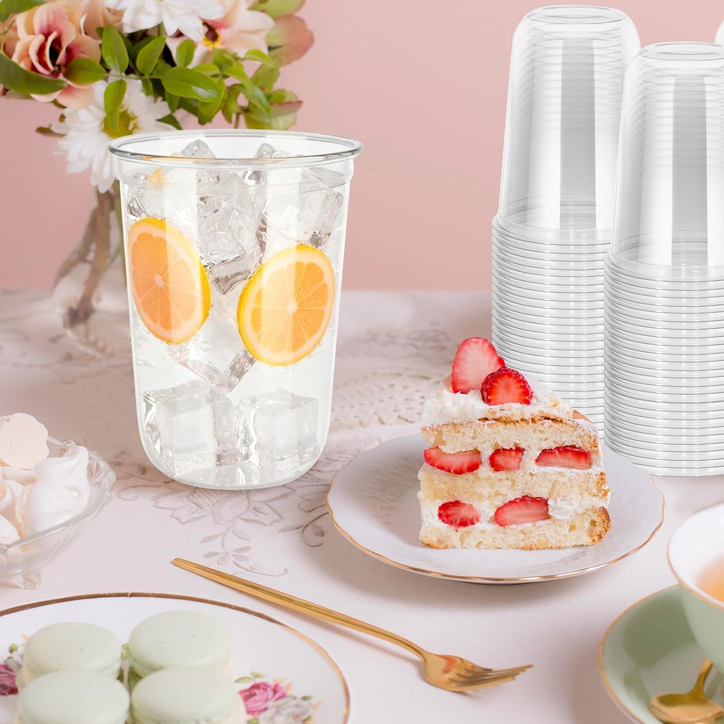 60 Pcs Disposable Stemless Clear Glasses 16 oz NATURAL Arc Crystal Plastic wine glasses Clear Classic Pet Cup for Meeting Weddings Birthdays Cocktail Christmas Party Supplies