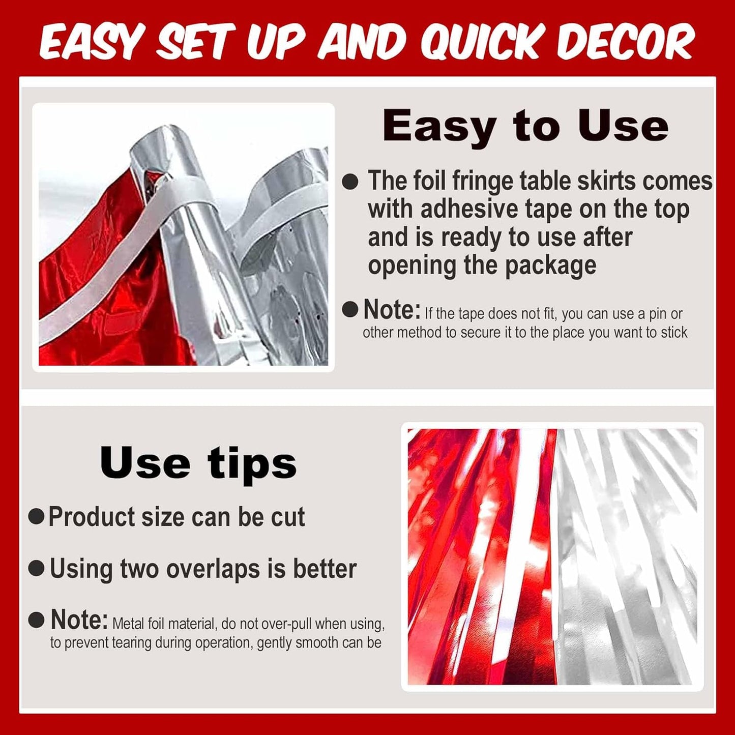 3 Pack 29 x108 Inch Red and Silver Foil Fringe Table Skirts Metallic Banner for Tinsel Streamer Garland Backdrop for Parade Floats Mother's Day, Graduate, Birthday, Wedding Party Decoration