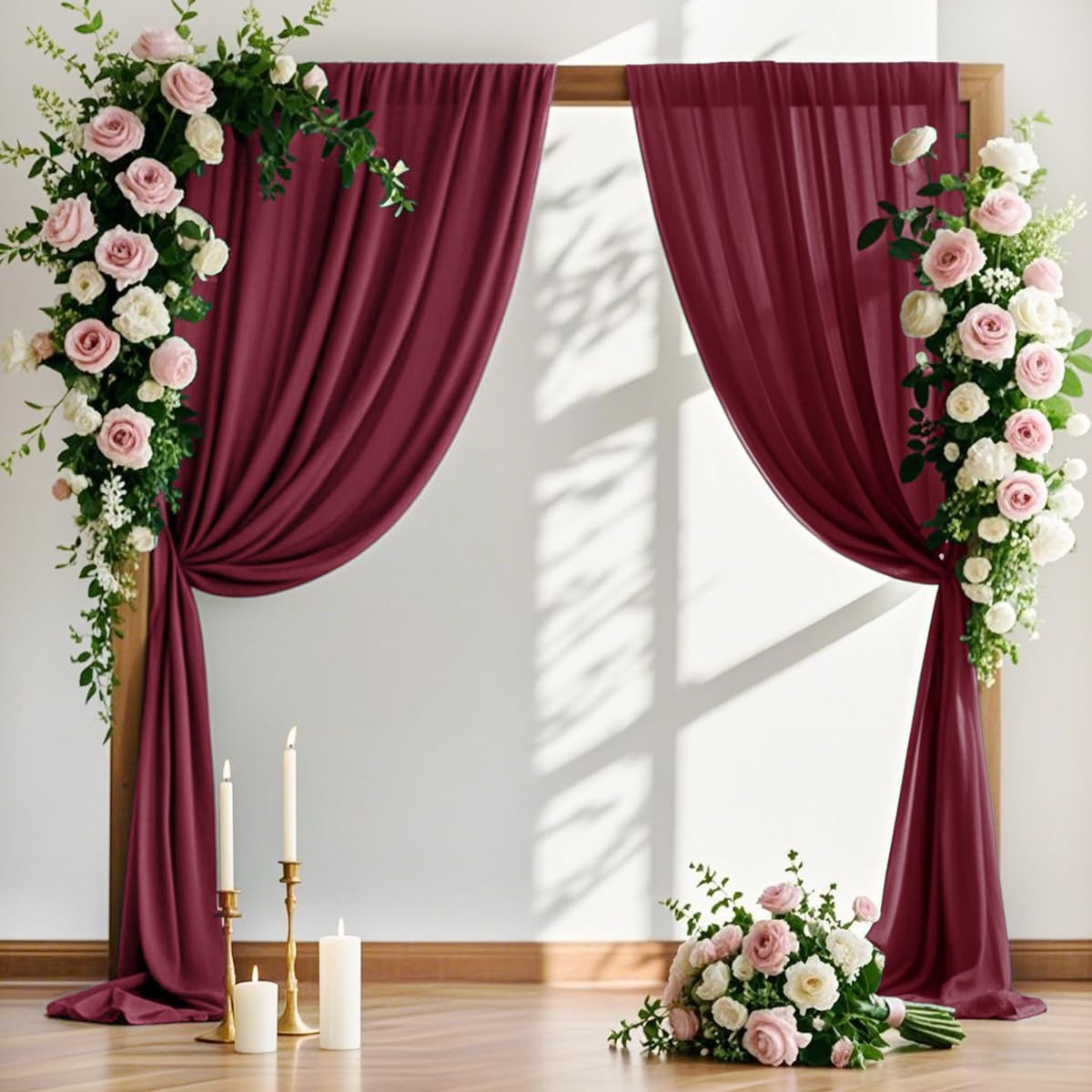 MLMW Christmas Wedding Arch Draping Fabric 2 Panels 29" x 20Ft Burgundy Sheer Wedding Arch Backdrop Drapes Outdoor Curtain for Ceremony Party Background Ceiling Decor