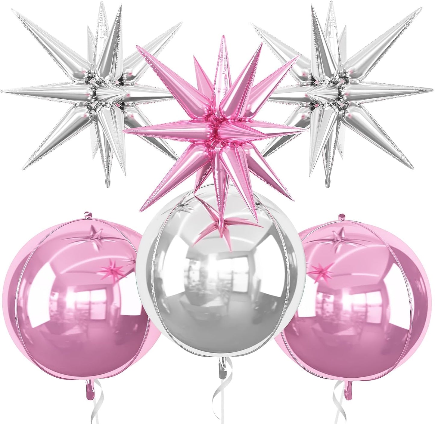 6Pcs Pink Silver Foil Balloons,22Inch Light Pink Silver 4D Round Ball Balloon and Explosion Star Balloon for Birthday Wedding Baby Shower Anniversary Decorations