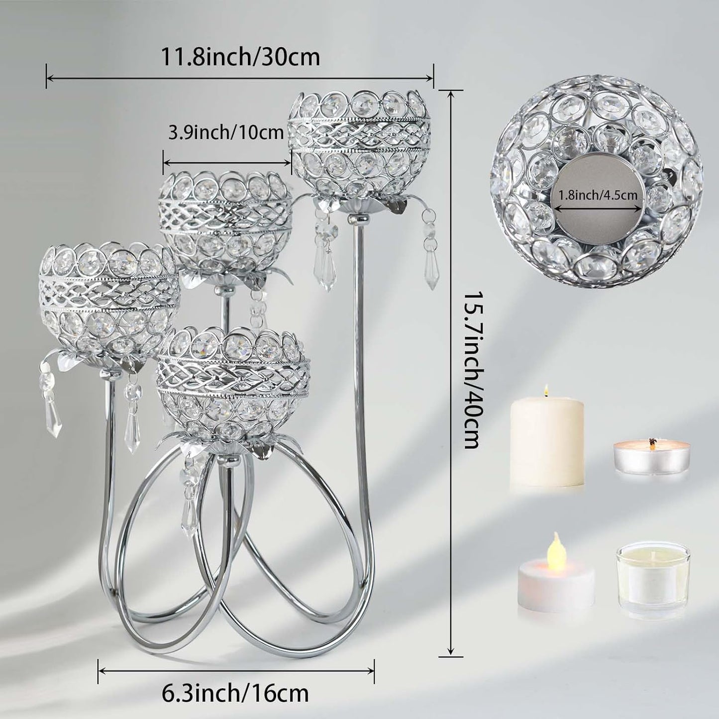 4 Arms Crystal Candelabra Tealight Holder - Tall 15.7 Inch Elegant Centerpiece with Crystal Pendant Bowls & Artistic Metal Stand for Wedding, Dining Table, Home Decor (1, Silver)