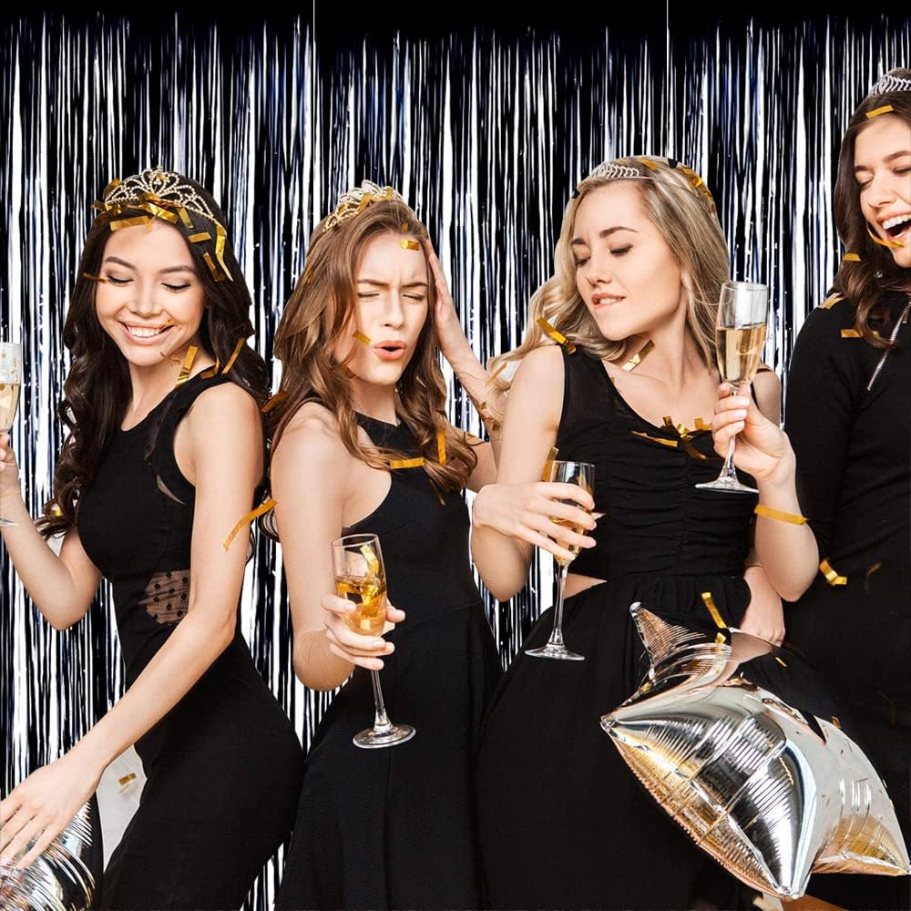 BEISHIDA 2 Pack Foil Fringe Curtain,Black Tinsel Metallic Curtains, Photo Backdrop Streamer Curtain for Halloween Wedding Bridal Shower Birthday Bachelorette Graduation Party Decor(3.28 ft x 6.56 ft)