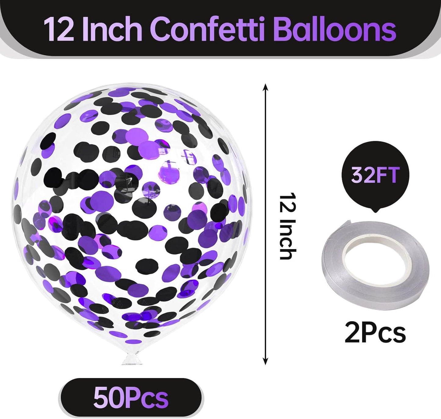 50pcs Purple and Black Foil Confetti Balloons,12 inch Latex Balloon with Purple Black Confetti Inside for Halloween Party Decorations