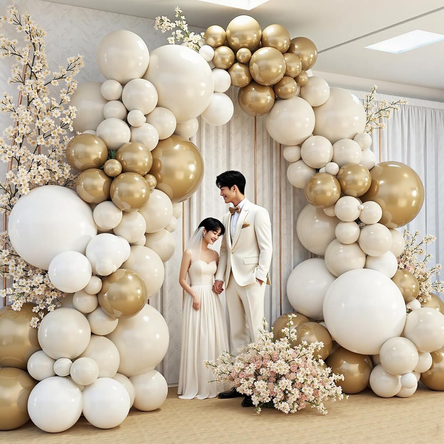 412pcs Sand White Gold Balloon Arch Kit, 18 12 10 5 Inch Different Size White Metallic Gold Latex Balloon for Boho Neutral Baby Shower Wedding Bridal Shower Birthday Decorations