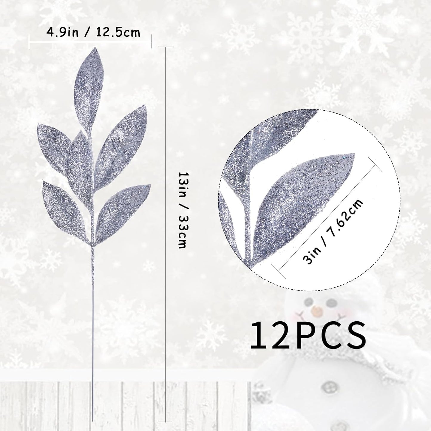 GREENTIME 12 Pack Artificial Silver Glitter Leaves 13" Fake Christmas Picks Decorative Glitter Sticks for Vase Christmas Tree DIY Wreath Crafts Fireplace Decor