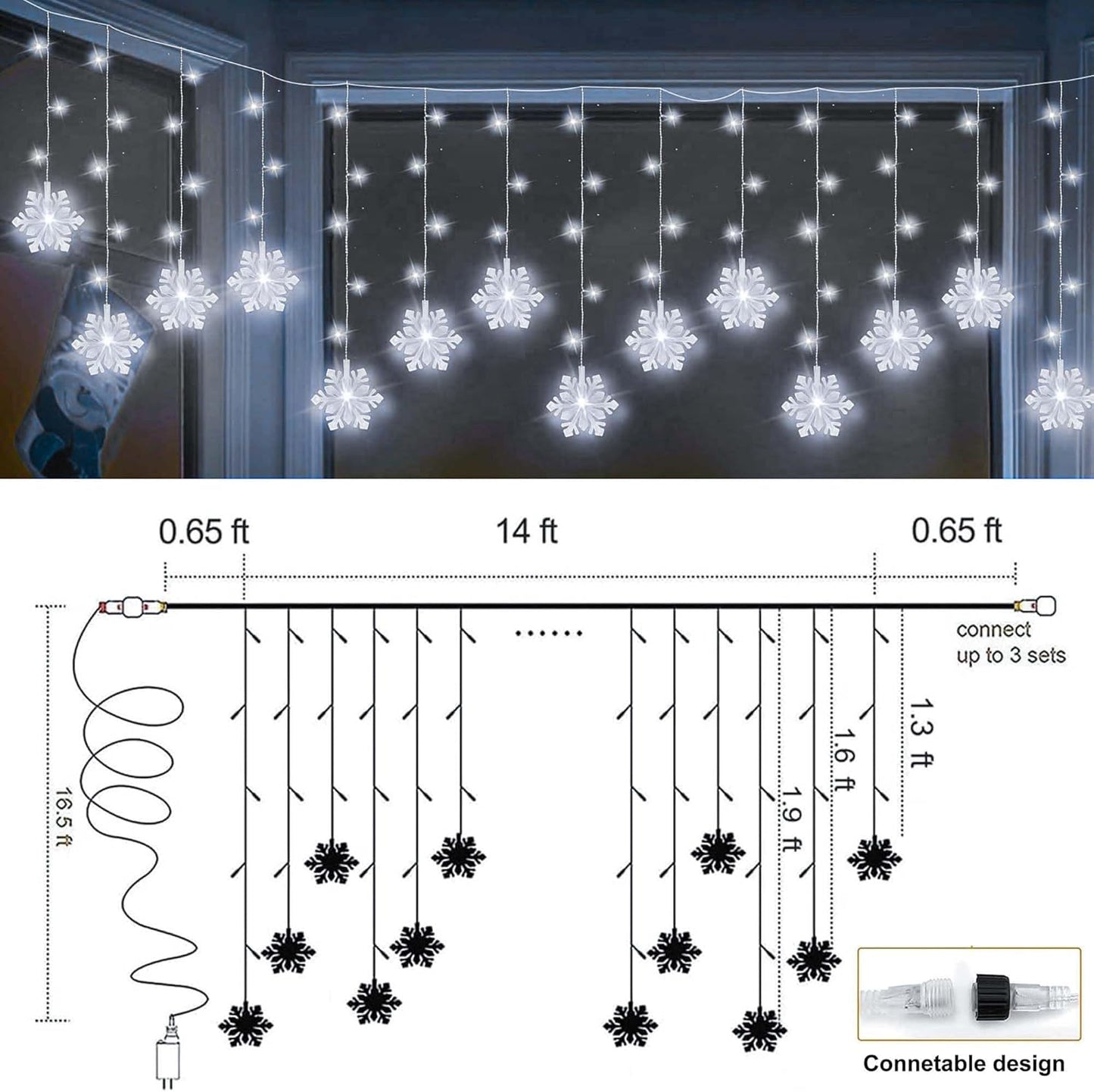 Christmas White Icicle Lights with Snowflake, 150 LED Curtain Lights with 8 Lighting Modes, Plug in Twinkle Lights for Home Christmas Wedding Party Decoration
