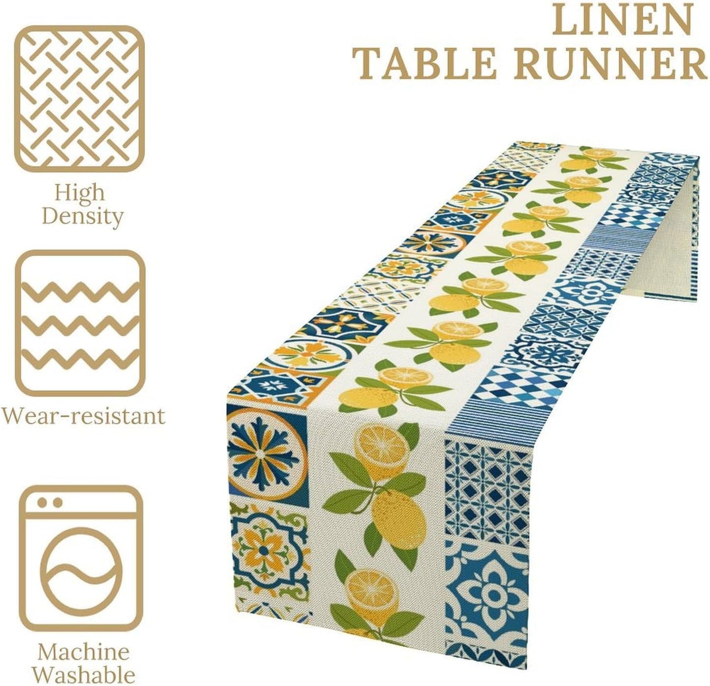 Lemon Table Runner,Watercolor Blue Fruits Green Leaves Print Table Cloth Kitchen Dining Table Home Party Decoration 13x108 Inch
