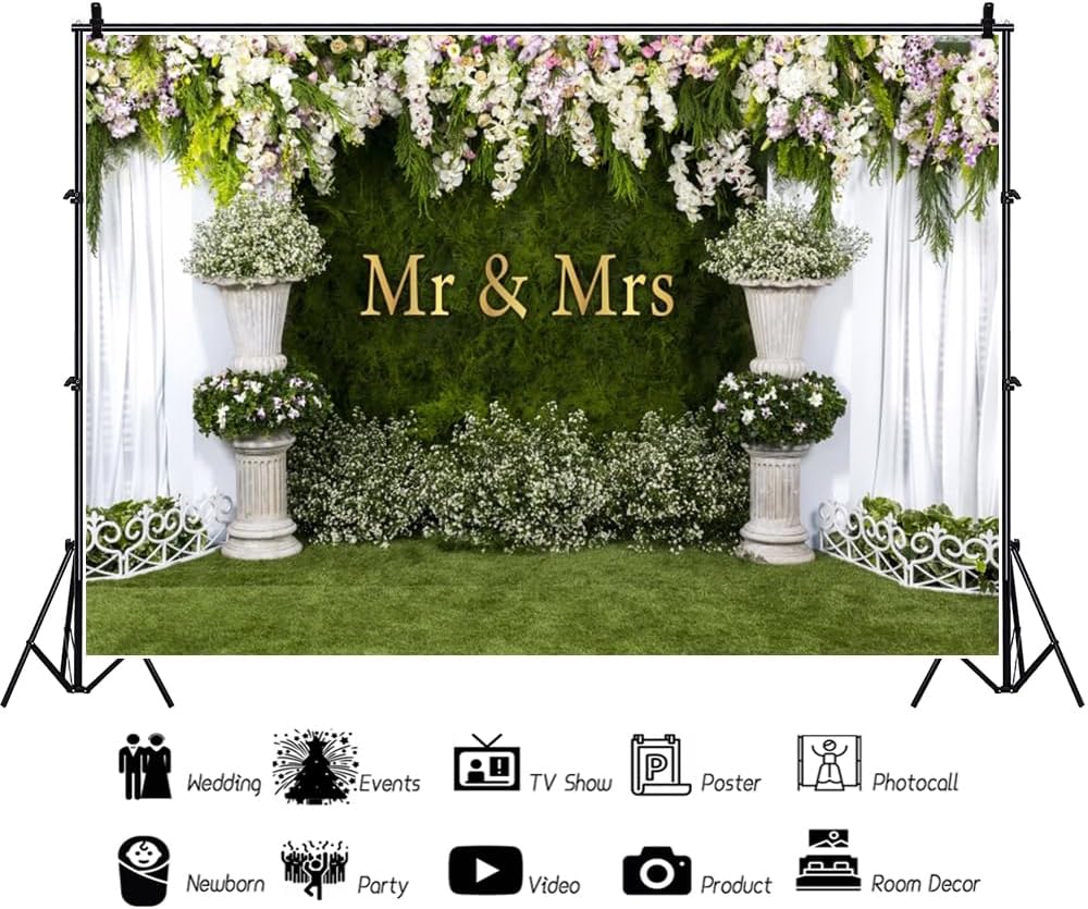 Wedding Arch Flower Backdrop 12x8ft - Mr & Mrs Engagement & Anniversary Ceremony Background