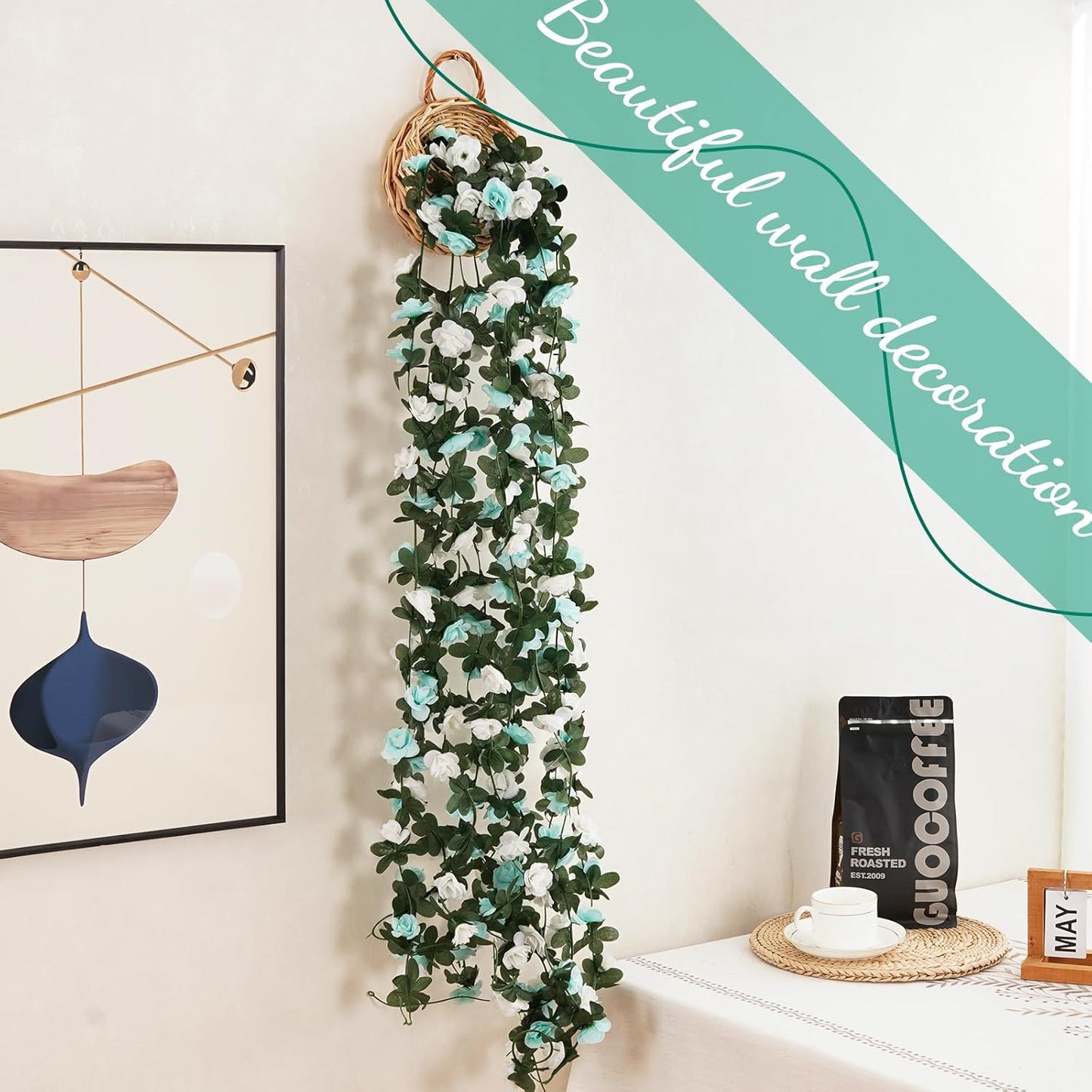 2 Pcs 16.5 Ft Flower Garland Rose Vines, Rose Garland for Decoration, Flower Vine for Bed Room Table Birthday Wedding Party Garden Wall Decor