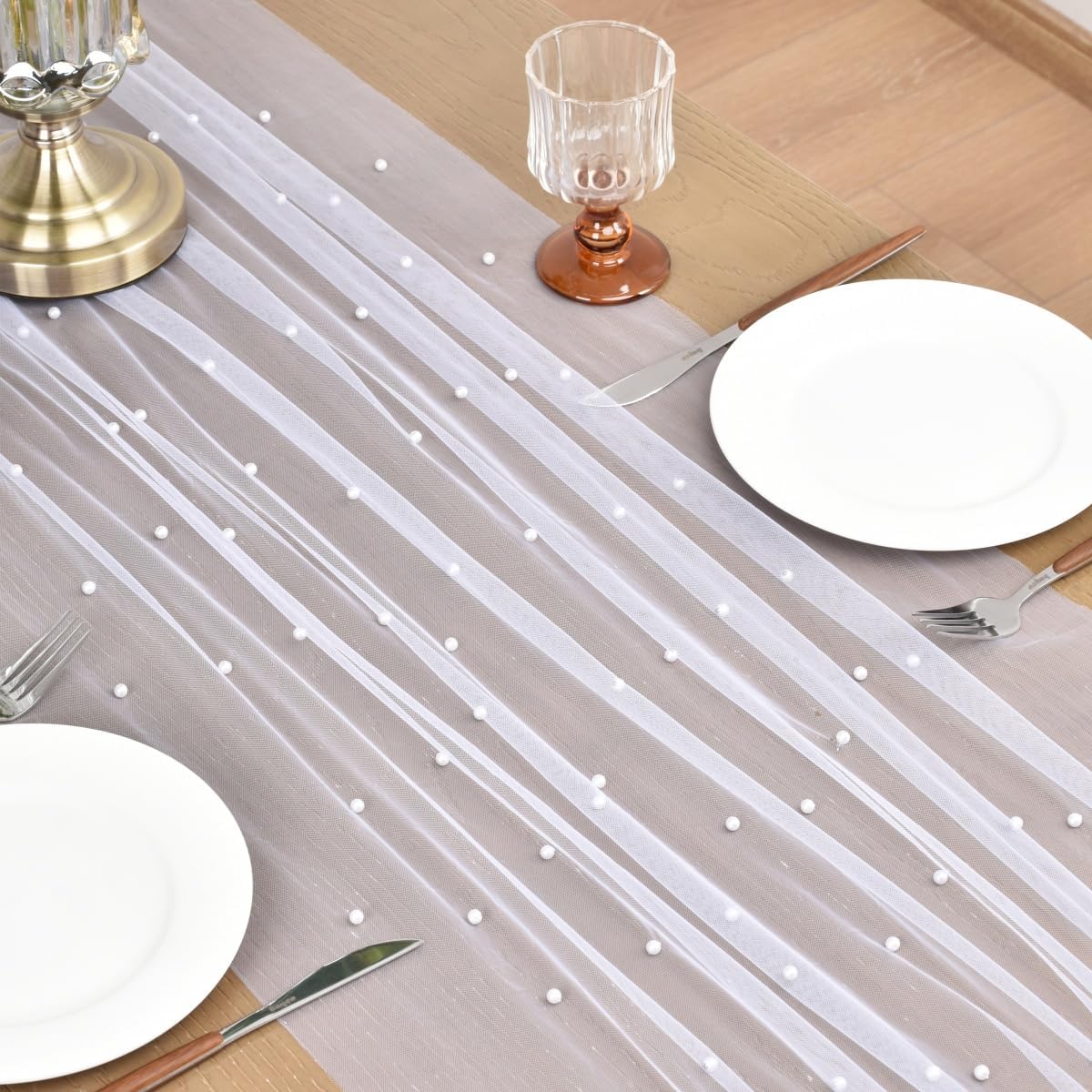Joanlody Fall Pearl Table Runner 10ft Rustic Boho Tulle Table Runner with Pearls for Baby Shower Wedding Party Veil Dessert Thanksgiving Table Decor White 4pcs