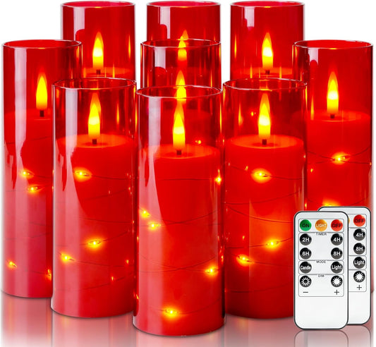 Homemory Red Flameless Candles with Embedded Star String Fairy Lights, Battery Operated Candles with Remote Control and Timer, Flickering LED Candle for Christmas Decor, Set of 9, D2.2 x H5 6" 7"