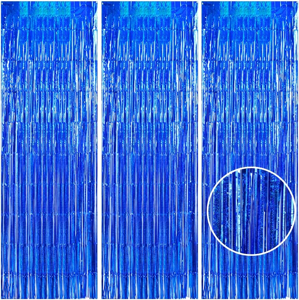 TONIFUL 3Pcs Laser Blue Door Streamers, Photo Booth Backdrop Metallic Streamers Foil Fringe Curtains for Birthday, Christmas, New Year, Bachelorette, Grad Party Decor (9.9ft x 6.6ft)