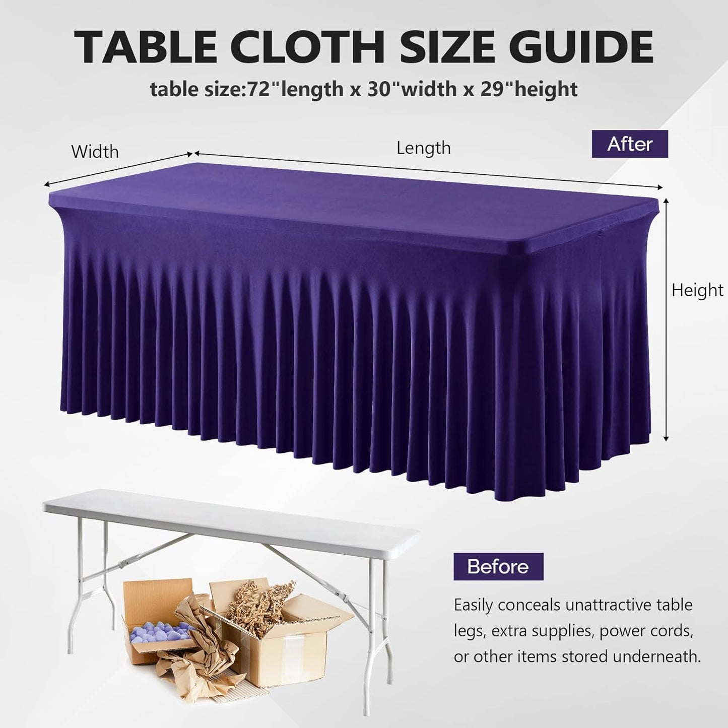 Wish Care 2 Pack Dark Purple Spandex Table Clothes for 6 Foot Rectangle Tables, 6FT Wrinkle Free Fitted Tablecloths Ruffles Design Table Cover for Party, Banquet, Wedding and Events