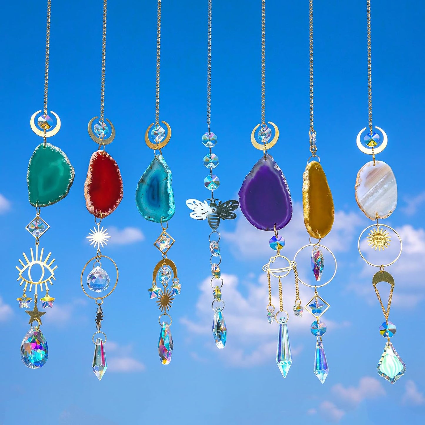 7 PCS Crystal Suncatcher, Hanging Suncatchers with Crystals Light, Sun Catchers Indoor Window Catcher with Prism Pendants Agate Slices,Tree of Life Crystal Suncatchers Indoor Outdoor Home Garden Decor