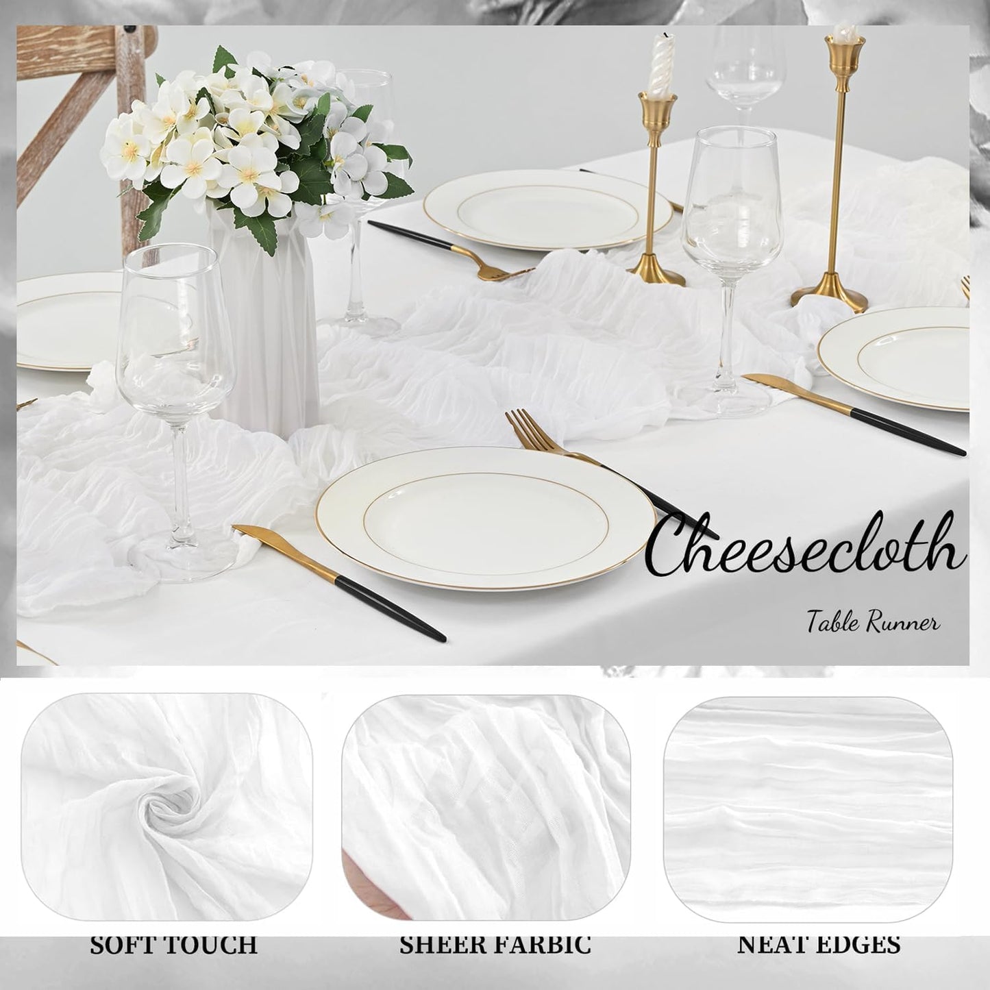 6 Pack White Cheesecloth Table Runner 23x120 inch Rustic Boho Gauze Table Runner 10 FT Long Sheer Cheese Cloth Fabric Table Runners for Romantic Wedding Bridal Shower Birthday Party Decor