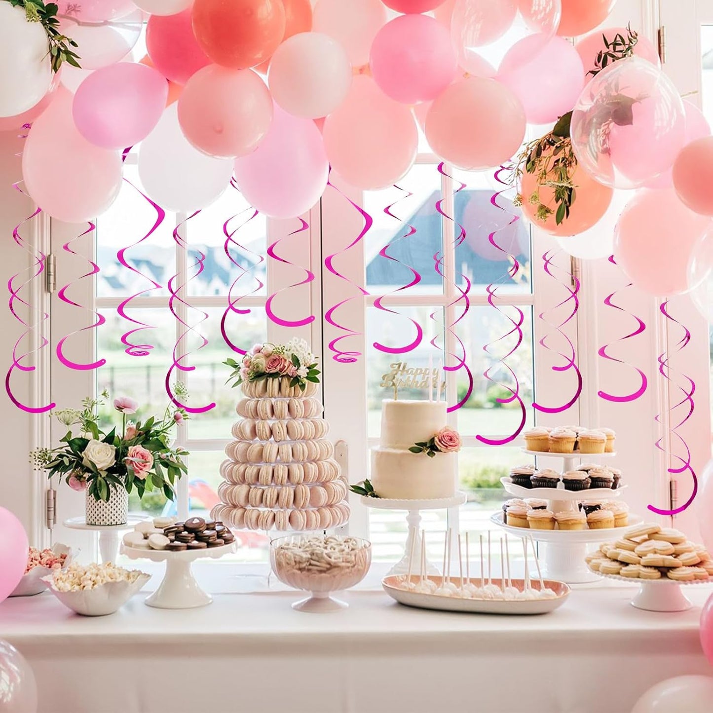 24 PCS Hot Pink Hanging Swirl, Fuschia Sparkle Ceiling Hanging Decorations, Plastic Streamer Party Decorations with Double-Swirls and Single-Swirls for Birthday Decorations, Summer, Hawaiian