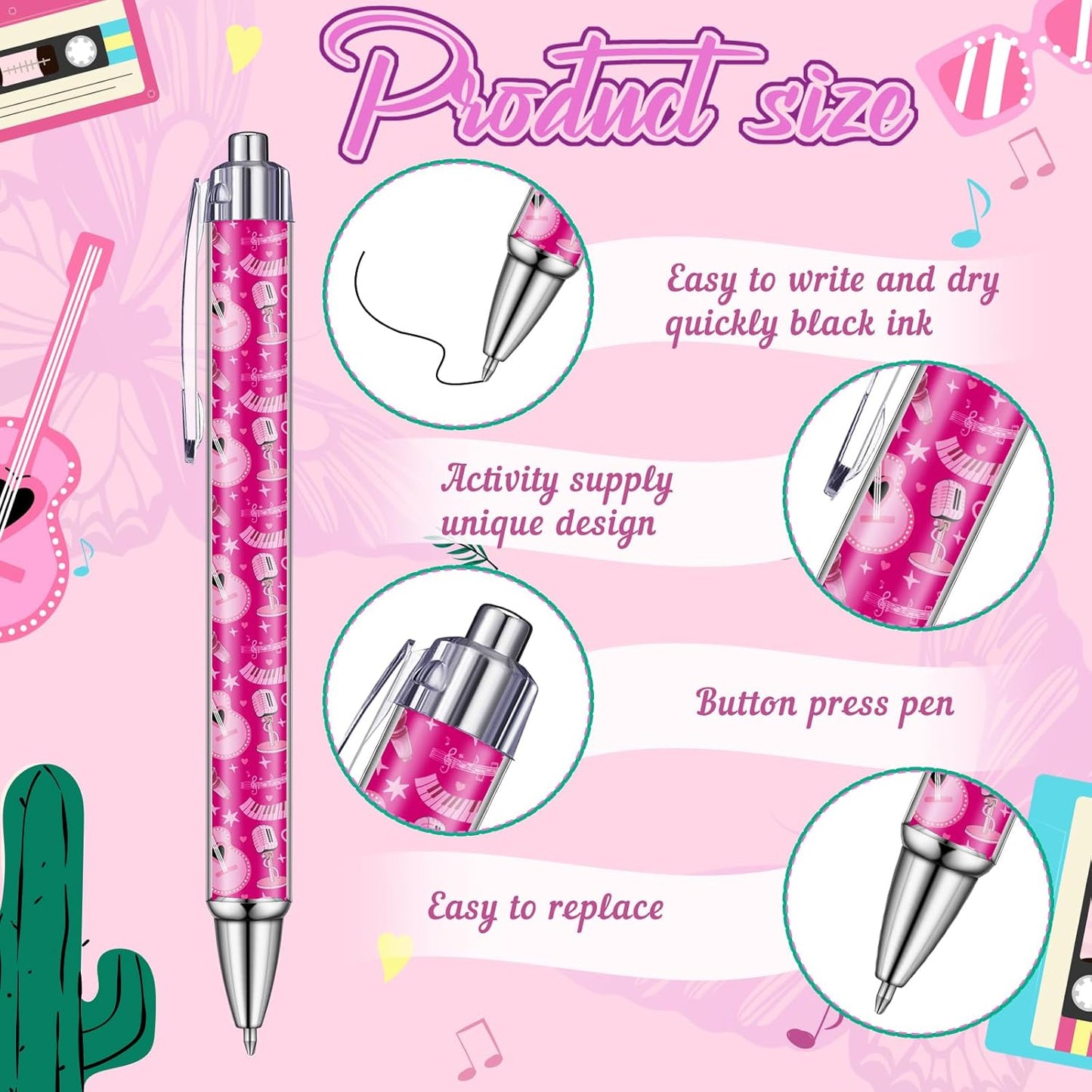 24 Pcs Pink Party Gifts Pens Concert Birthday Party Favors Music Ballpoint Pens Singer Guitar Pop Lover Gifts for Women Fans Bachelorette Decorations Supplies