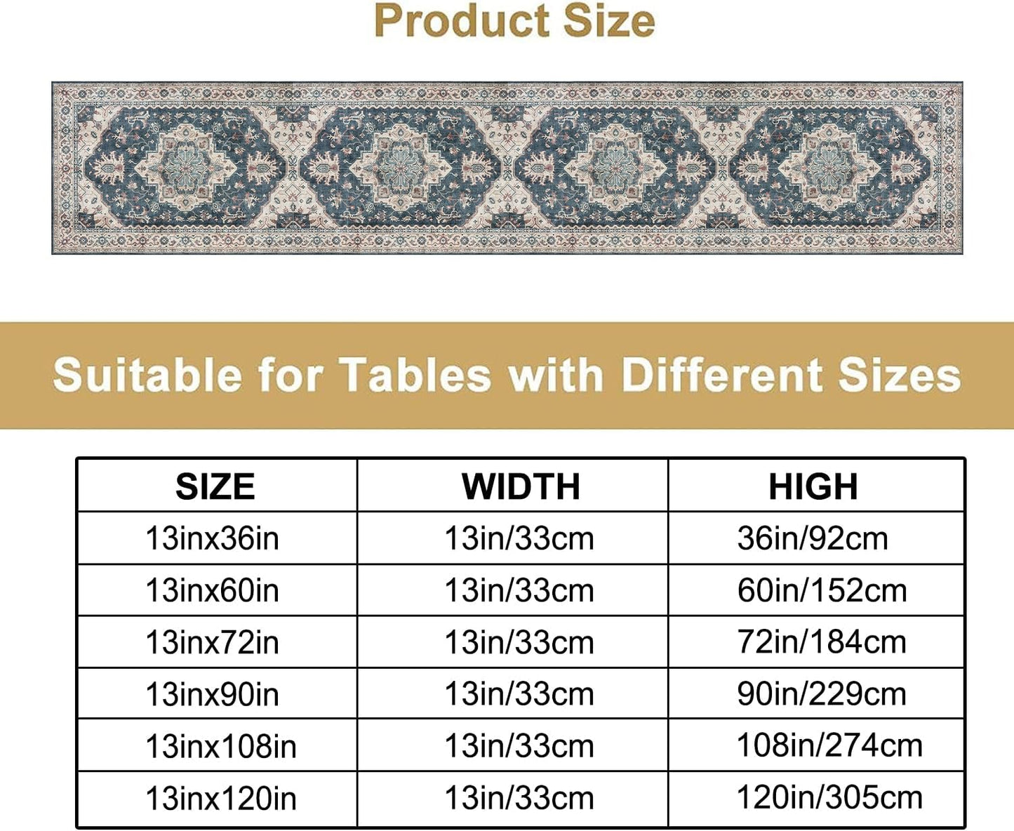 Boho Bohemia Style Table Runner, Vintage Blue Retro Flower Rustic Country Style Floral Print Pattern for Home Kitchen Table Decor Dining Coffee Room Garden Party Decor 13x120in